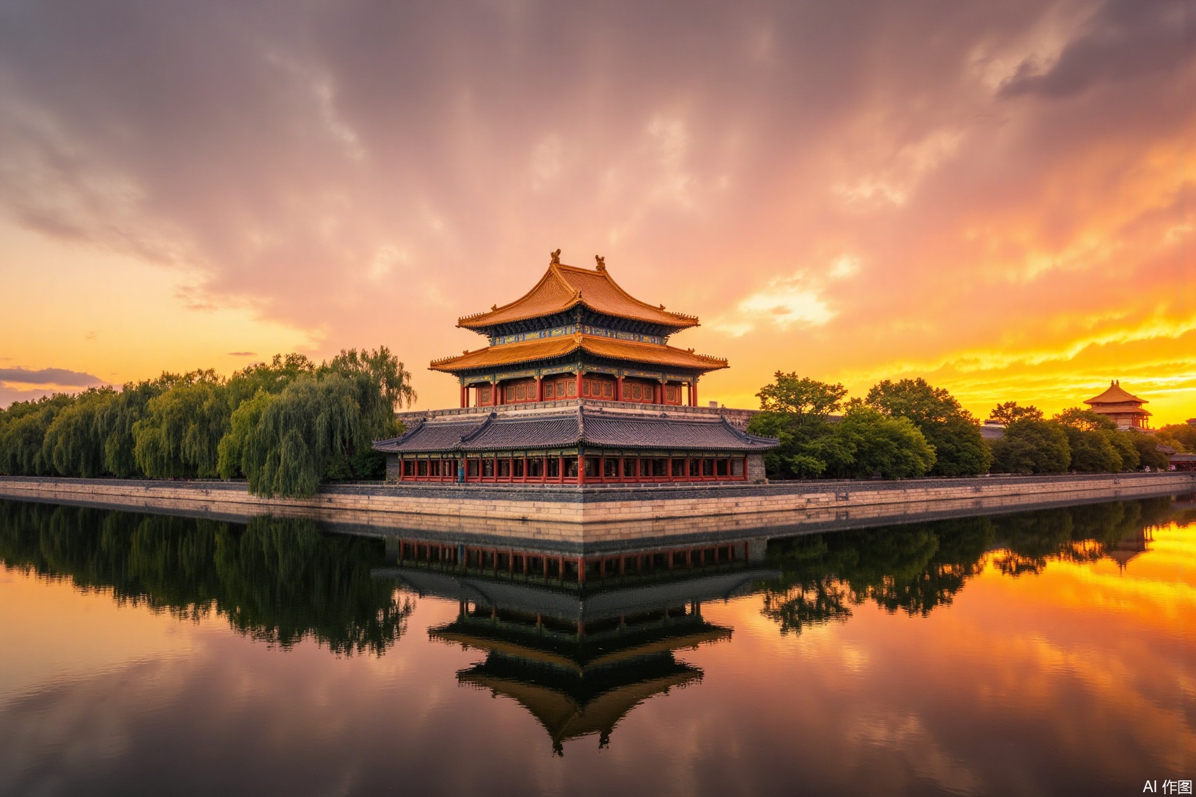 jzbj,beijing, Under the setting sun, the Forbidden City Corner Tower in Beijing has red walls and yellow tiles with an exquisite structure. The gradient sky echoes the golden glazed tiles, and the calm water reflects the beautiful scenery, solemn and poetic.