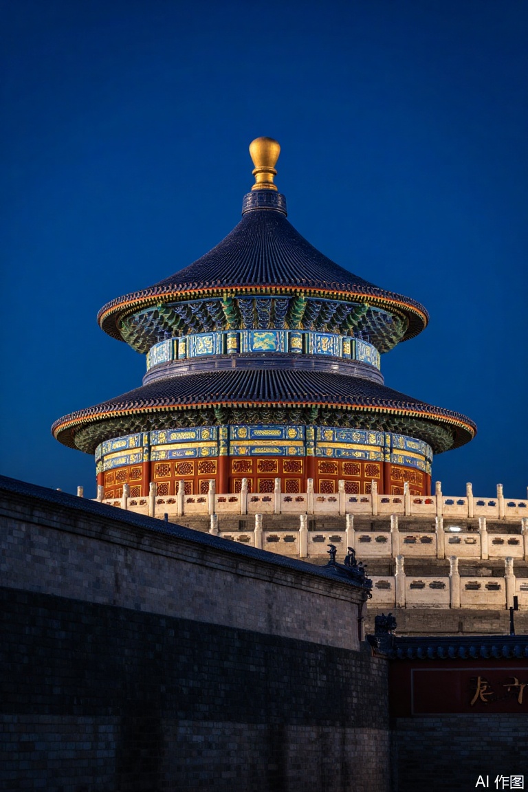 jzbj,beijing, As night falls, the Temple of Heaven looms under the dark blue sky. Its ancient structure, mysterious and solemn, seems to hide the secrets of time in the shadows, exuding a profound historical charm as if one can hear whispers from the depths of time.