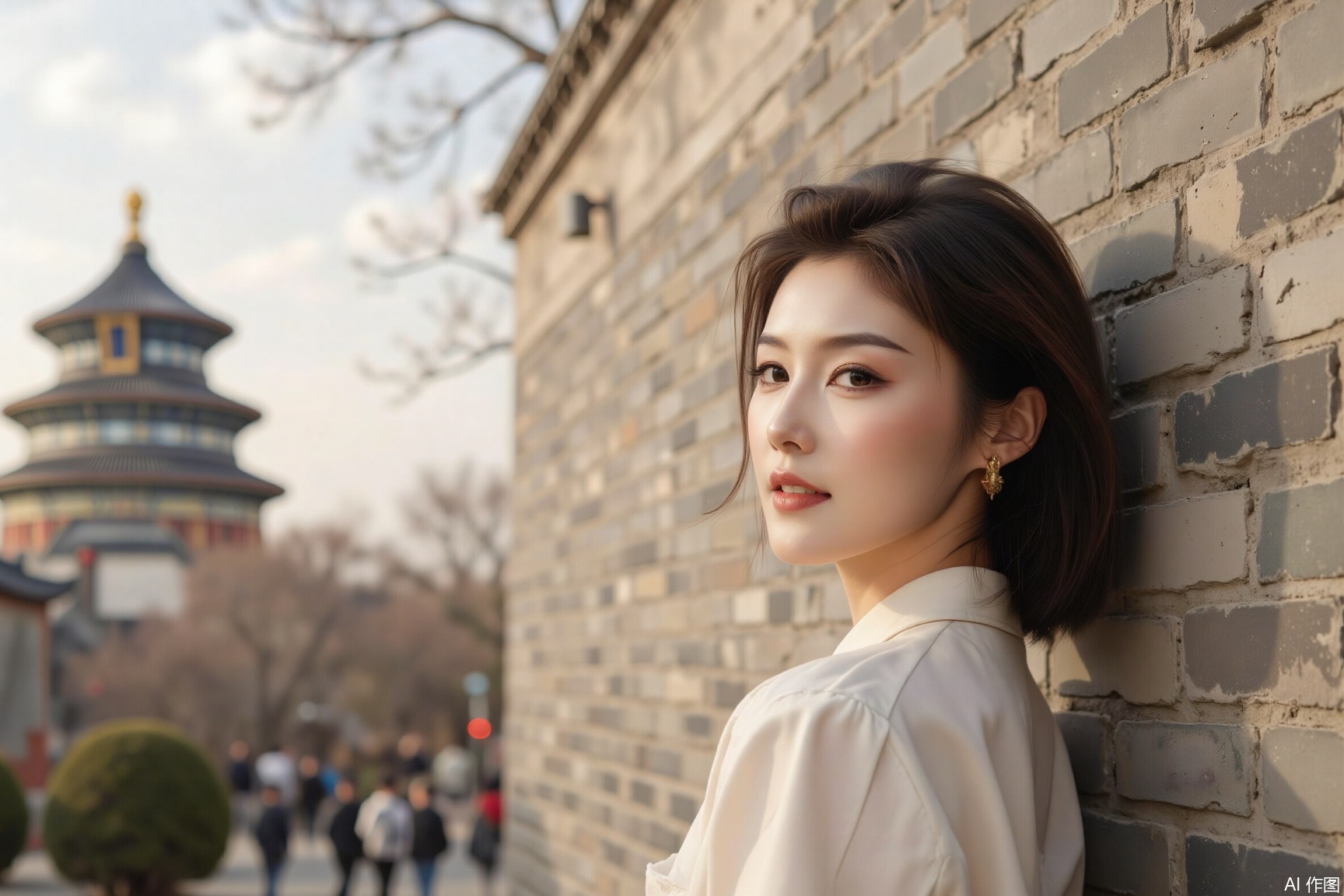 an elegant lady amidst the charm of Temple of Heaven .,motion blur effect,cinematic texture background