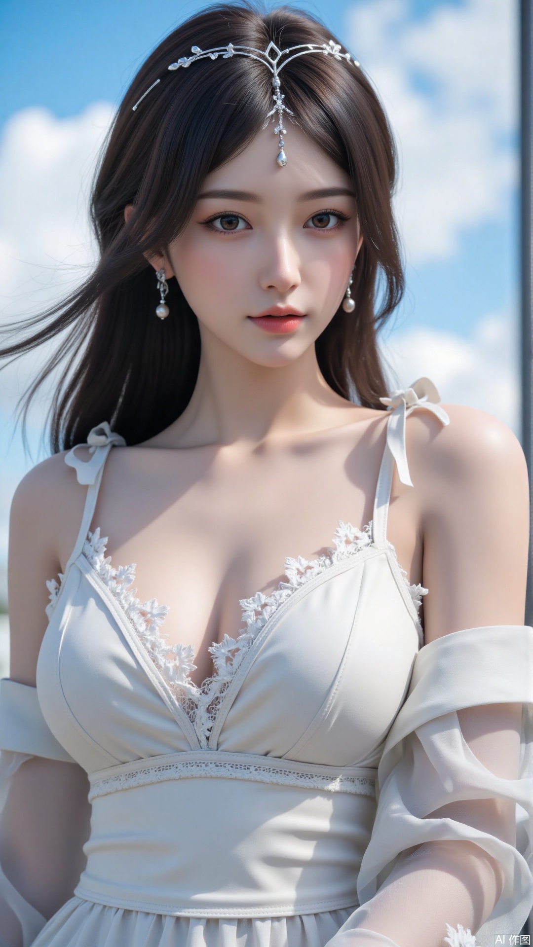 Very detailed face, extremely detailed eyes and face, blue eyes, (vacuum), 8K wallpaper, light leak, beautiful and detailed girl, extremely detailed CGUnity8K wallpaper, an extremely detailed and beautiful, beautiful and detailed eyes, masterpiece, best quality, Real photo level, (frontal shooting panoramic perspective), ( (Full body photo)), dynamic angle, dynamic pose, solo, ancient style silver hairpin with petals, blue sky and white clouds, (C cup), (huge round breasts), slender legs, super good figure, stunning beauty, (whole body in the mirror) , (wearing Lolita nightgown), (light reflects the shadow of the body through the clothes),vacuum,bare and smooth