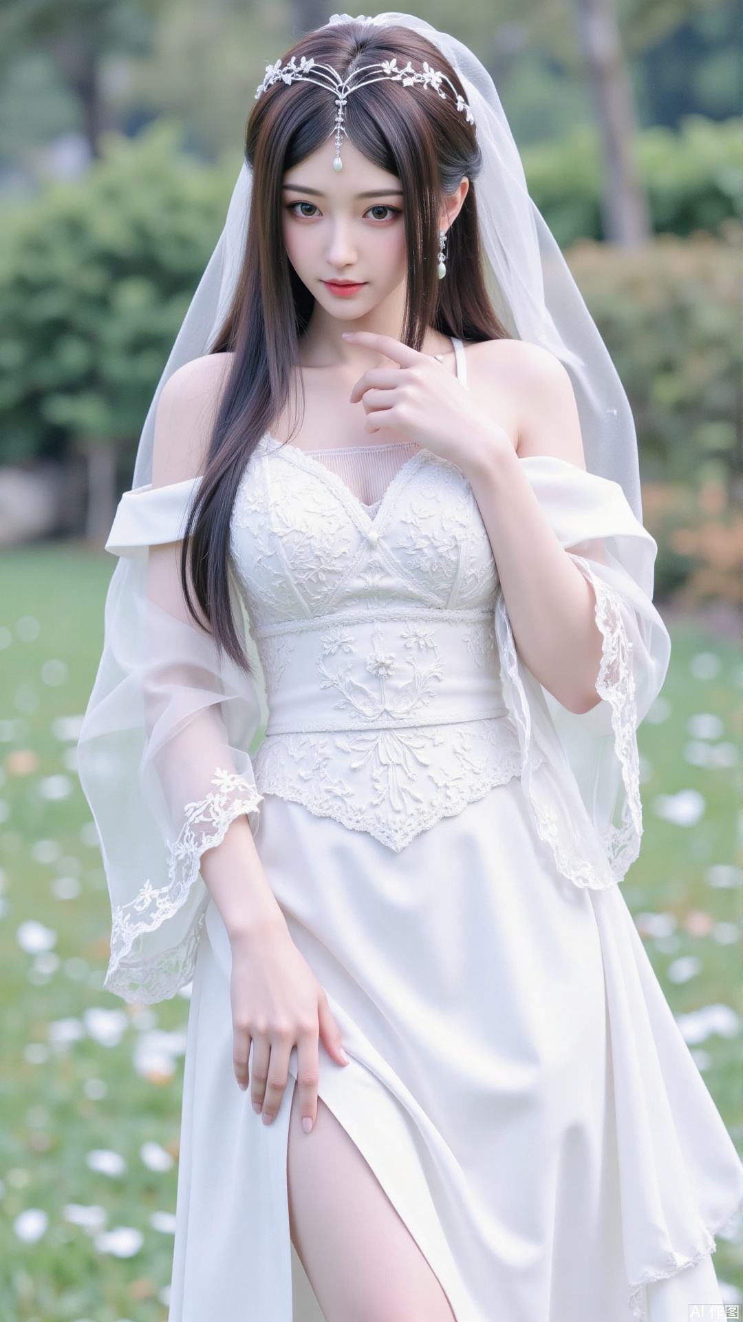 1girl, white wedding dress,looking at viewer, mischevious smile, perfect body, scenery, sharp focus, best quality, masterpiece, detailed outfit, illustration, perfect eyes, finely detailed beautiful anime eyes, realistic skin, intricate details, best lighting, depth of field, ultra high resolution, cowboy_shot, bride