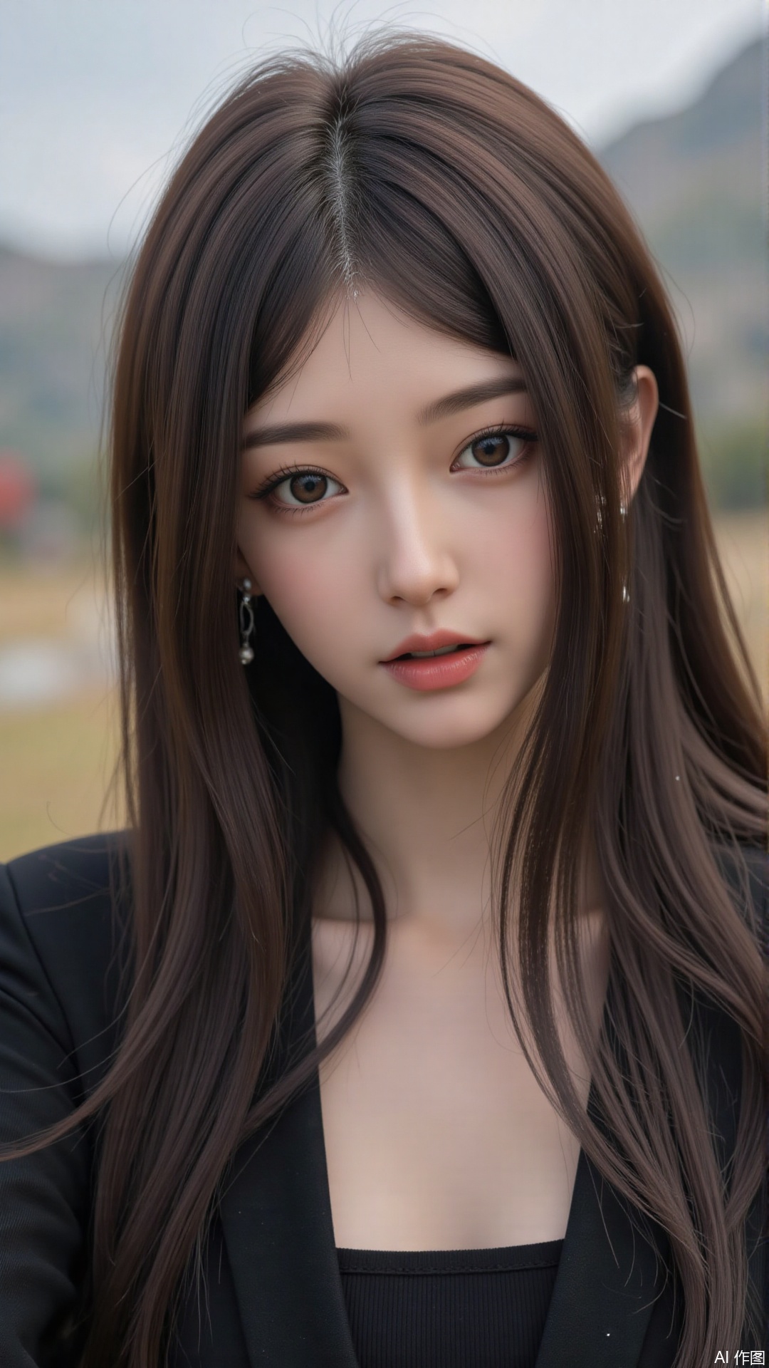  a asian woman, sexy long hair, blue eyes, charming and seductive temperament, distant close-up, golden ratio, movie texture, minimalism, high-end feeling, strong contrast between cold and warm, outdoor scenes, 