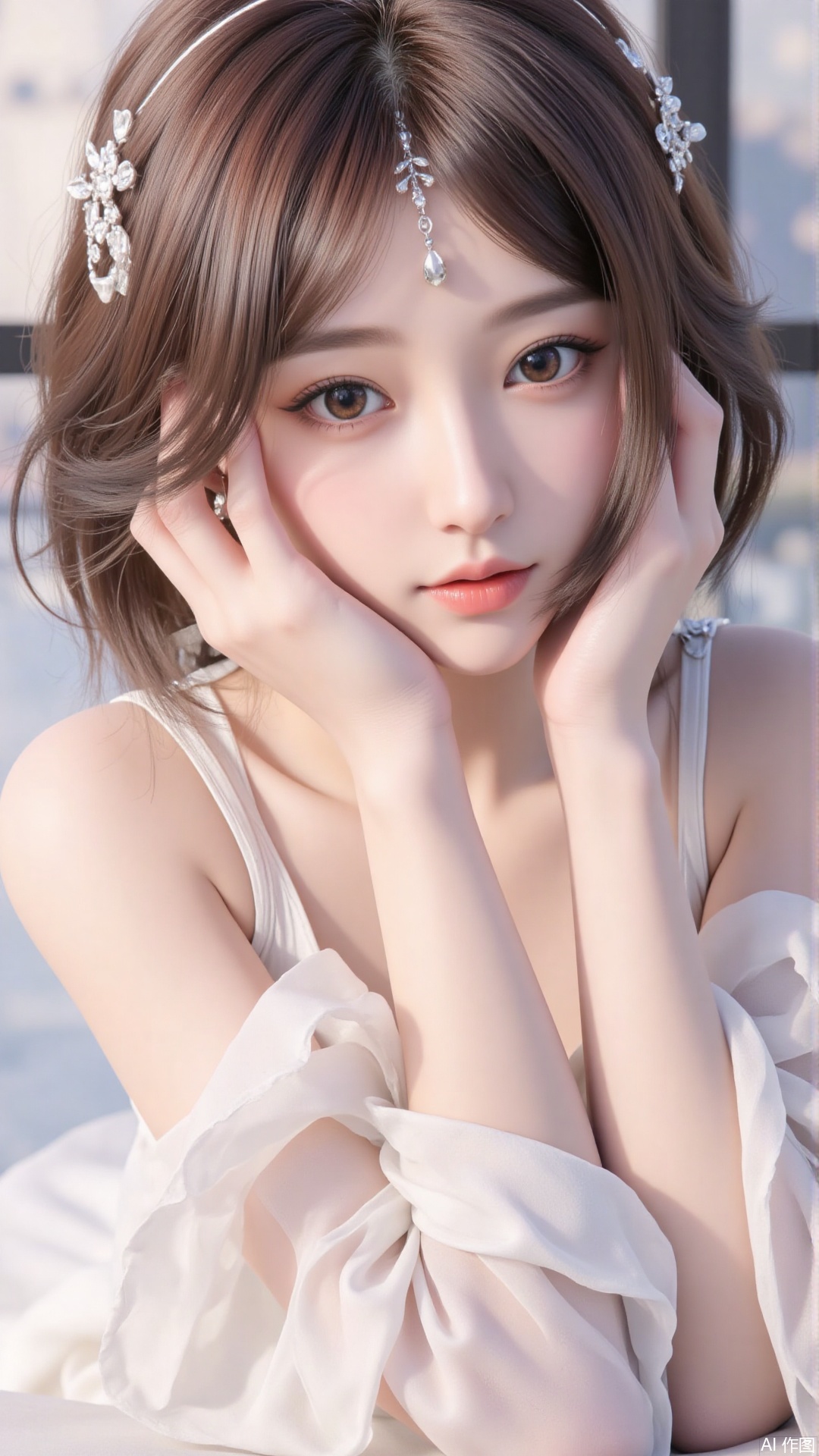 1girl, solo, jewelry, earrings, breasts, necklace, dress, realistic, bare shoulders, looking at viewer, lying, perfect body, scenery, sharp focus, best quality, masterpiece, detailed outfit, illustration, perfect eyes, finely detailed beautiful anime eyes, realistic skin, intricate details, best lighting, depth of field, ultra high resolution, bed, from above