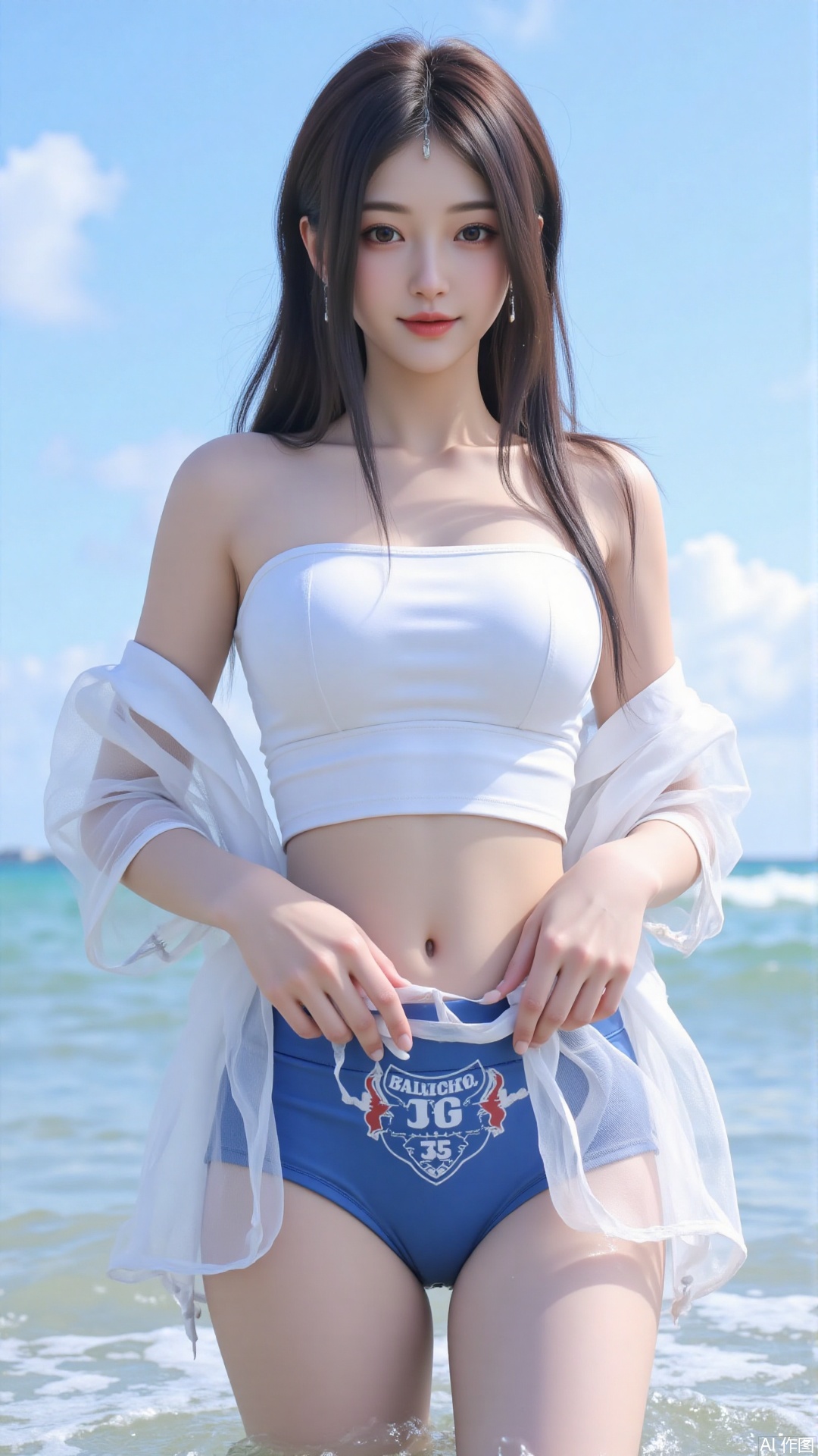 Korean girl, single, showing navel, long hair, thighs, wearing shirt, outdoors, looking at viewer, realistic style, with water and sky, daytime, fair thighs, white tube top, short top, sea, lips, blue sky, short sleeves, smile, clouds, dark eyes, big eyes Eyes, plump breasts, plump breasts, chest, looking at the audience, looking at the screen, bare shoulders, collarbone, standing in the sea, (((upper body red short-sleeved, short top)), (((wearing a translucent The white gauze skirt and blue swimming trunks with the school team logo)) were soaked in the water and were soaked.