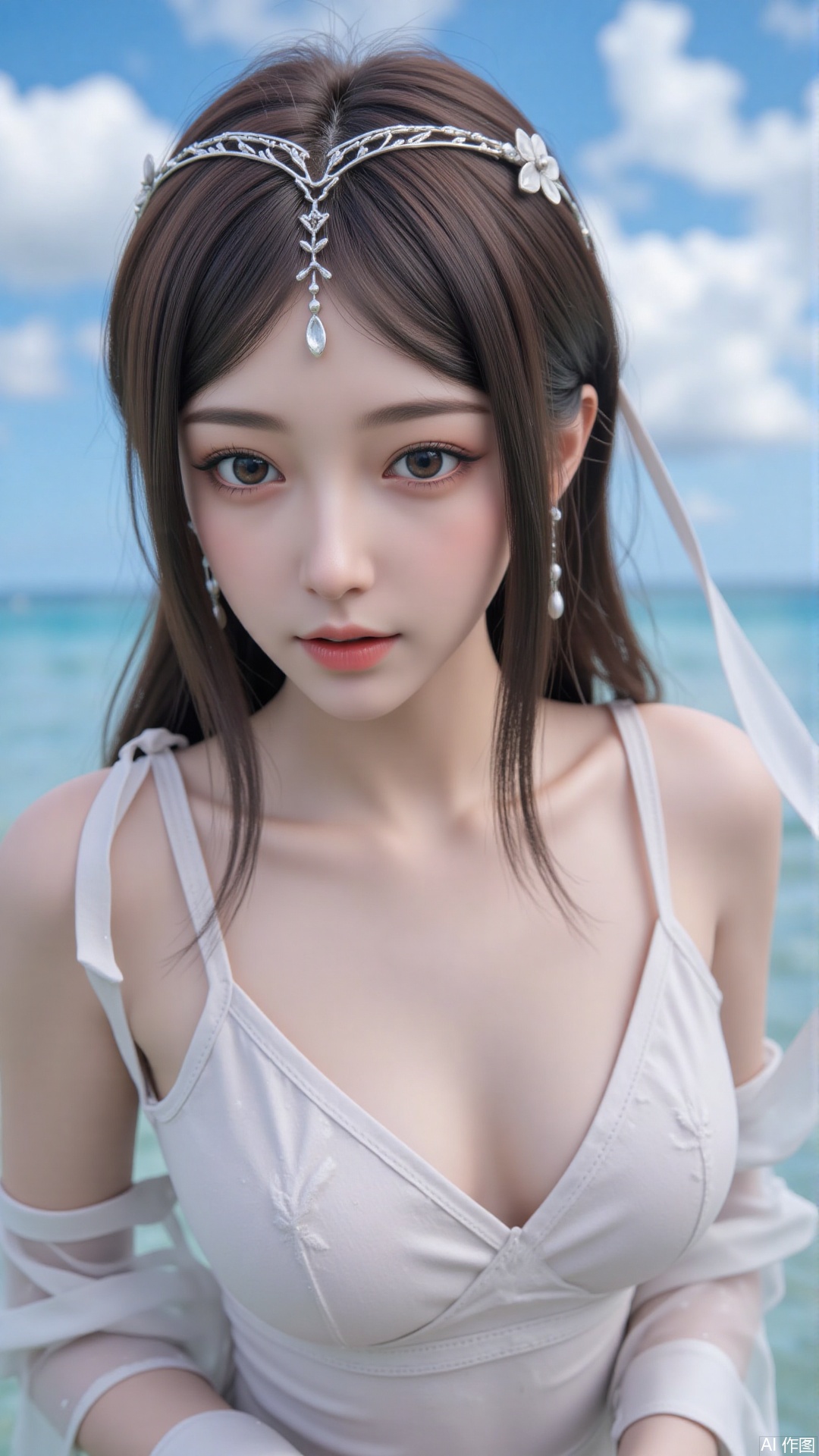 Very detailed face, extremely detailed eyes and face, blue eyes, (vacuum), 8K wallpaper, light leak, beautiful and detailed girl, extremely detailed CGUnity8K wallpaper, an extremely detailed and beautiful, beautiful and detailed eyes, masterpiece, best quality, Real photo level, (frontal shooting panoramic perspective), ( (Full body photo)), dynamic angle, dynamic pose, solo, ancient style silver hairpin with petals, blue sky and white clouds, (C cup), (huge round breasts), slender legs, super good figure, stunning beauty, (whole body in the mirror) , (wearing Lolita nightgown), (light reflects the shadow of the body through the clothes),vacuum,bare and smooth