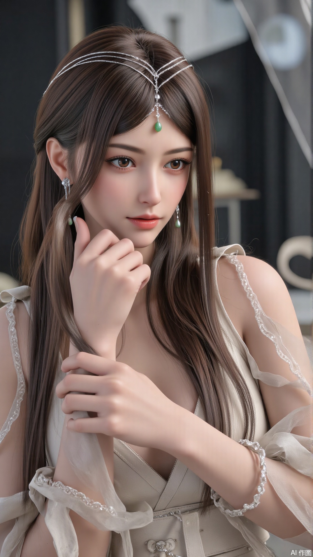 masterpiece,best quality,1girl, brown eyes, long hair, dress ,sitting