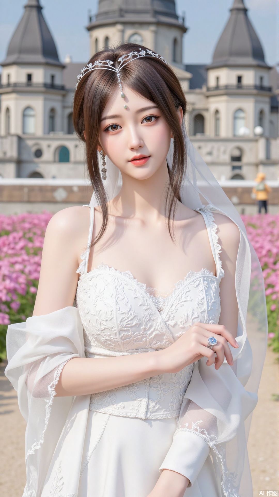 1girl, white wedding dress,looking at viewer, mischevious smile, perfect body, scenery, sharp focus, best quality, masterpiece, detailed outfit, illustration, perfect eyes, finely detailed beautiful anime eyes, realistic skin, intricate details, best lighting, depth of field, ultra high resolution, cowboy_shot, bride