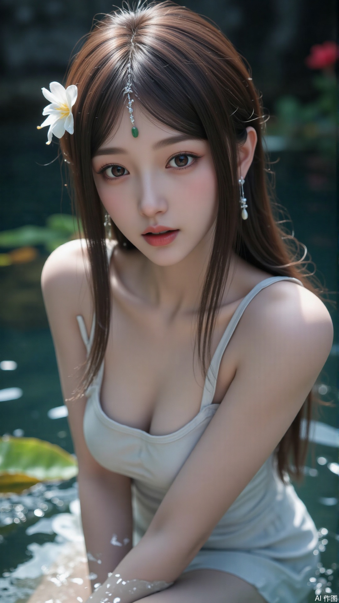 1girl, solo, long hair, breasts, looking at viewer, blush, open mouth, bangs, brown hair, hair ornament, dress, bare shoulders, brown eyes, medium breasts, collarbone, flower, parted lips, hair flower, water, white dress, sleeveless dress, leaf, plant, red flower, partially submerged, hibiscus
,backlighting,depth of field,cinematic lighting,light particles,lens flare, (artist:quasarcake:0.8),extreme aesthetic,(wlop:0.6),masterpiece,best quality,good quality,newest,very aesthetic,absurdres,Visual impact,A shot with tension, ultra-high resolution,32K UHD,sharp focus,best-quality,masterpiece,Emotionalization,unconventional supreme masterpiece,masterful details,temperate atmosphere,with a high-end texture,in the style of fashion photography, (alzi xiaomI:1.2),(mogumo:1.1),(good hands, nice hands:0.5),giving the poster a dynamic and visually striking appearance,impactful picture,offcial art,colorful,movie perspective, masterpiece,best quality,amazing quality,very aesthetic,absurdres,best quality,newest