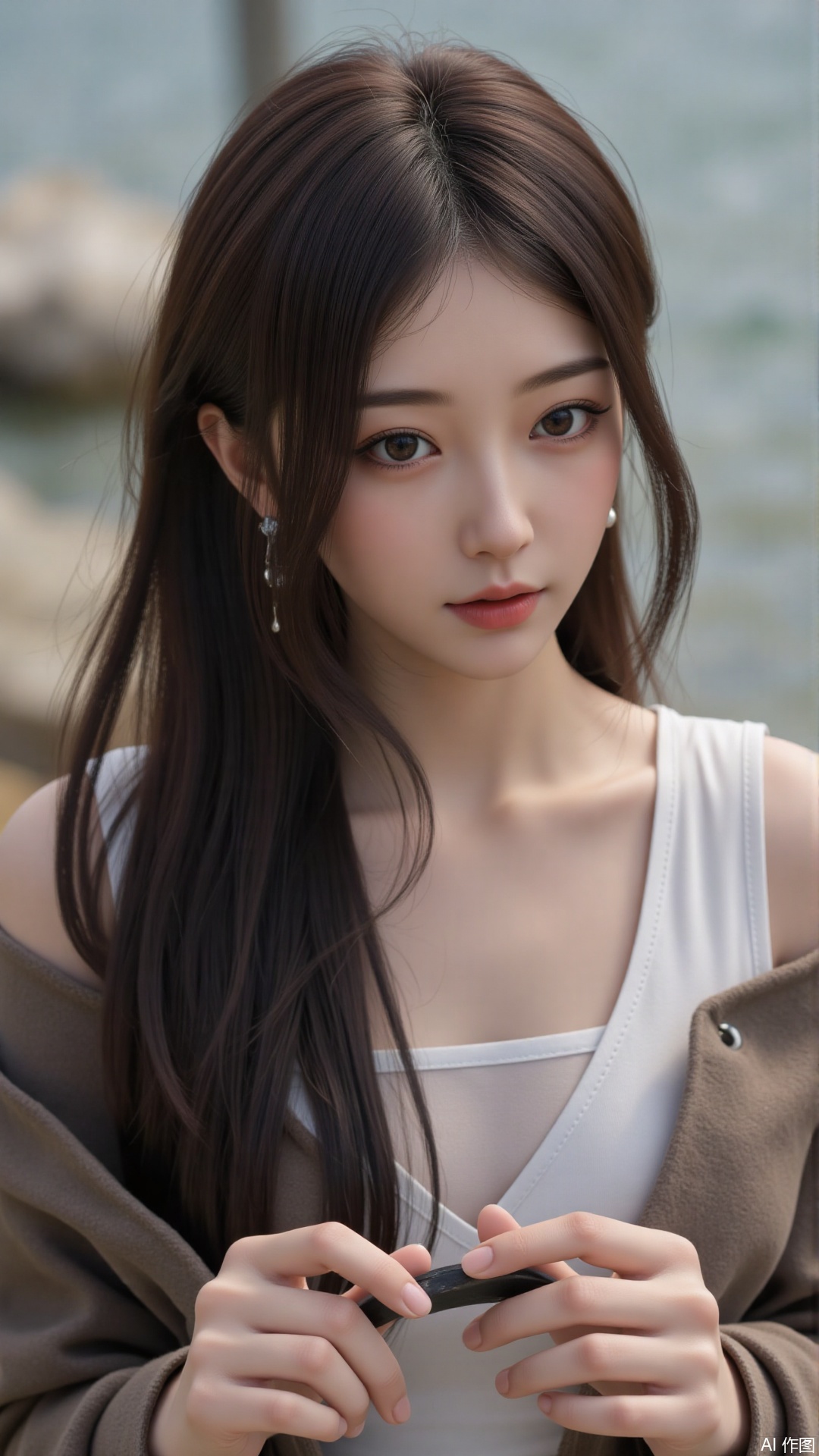  a asian woman, sexy long hair, blue eyes, charming and seductive temperament, distant close-up, golden ratio, movie texture, minimalism, high-end feeling, strong contrast between cold and warm, outdoor scenes, 