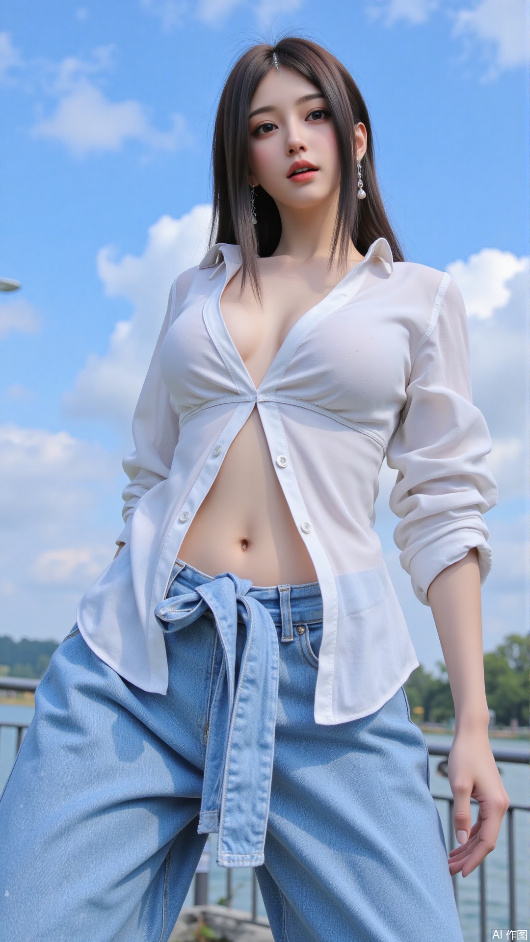 1girl, solo, long hair, breasts, looking at viewer, large breasts, brown hair, shirt, navel, brown eyes, underwear, panties, outdoors, sky, day, midriff, pants, cloud, blue sky, from below, denim, jeans, blue panties, open fly