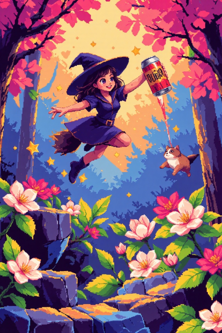 A vibrant 16-bit SNES-style platformer game screen. The witch girl is in a dynamic pose,  jumping through the air while ho...