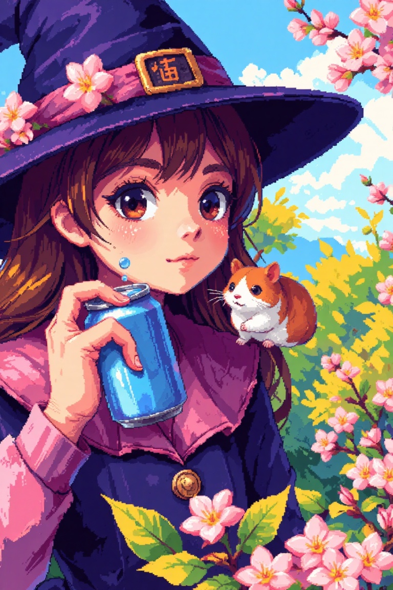 A PC-98 style retro visual novel screenshot featuring a close-up portrait of a whimsical witch girl. She holds a cold can...