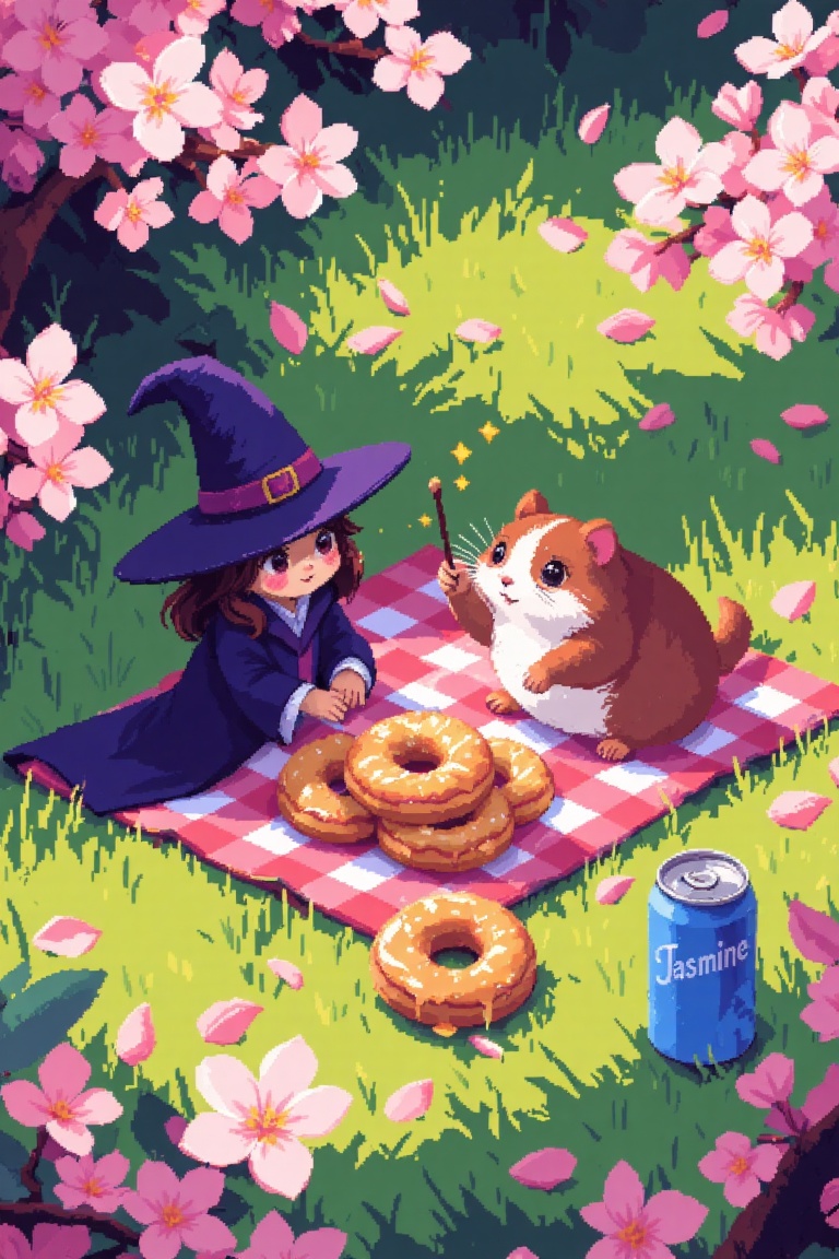 An intricate isometric pixel art scene depicting a cozy picnic on a lush green lawn. A cute witch girl with a pointy hat a...