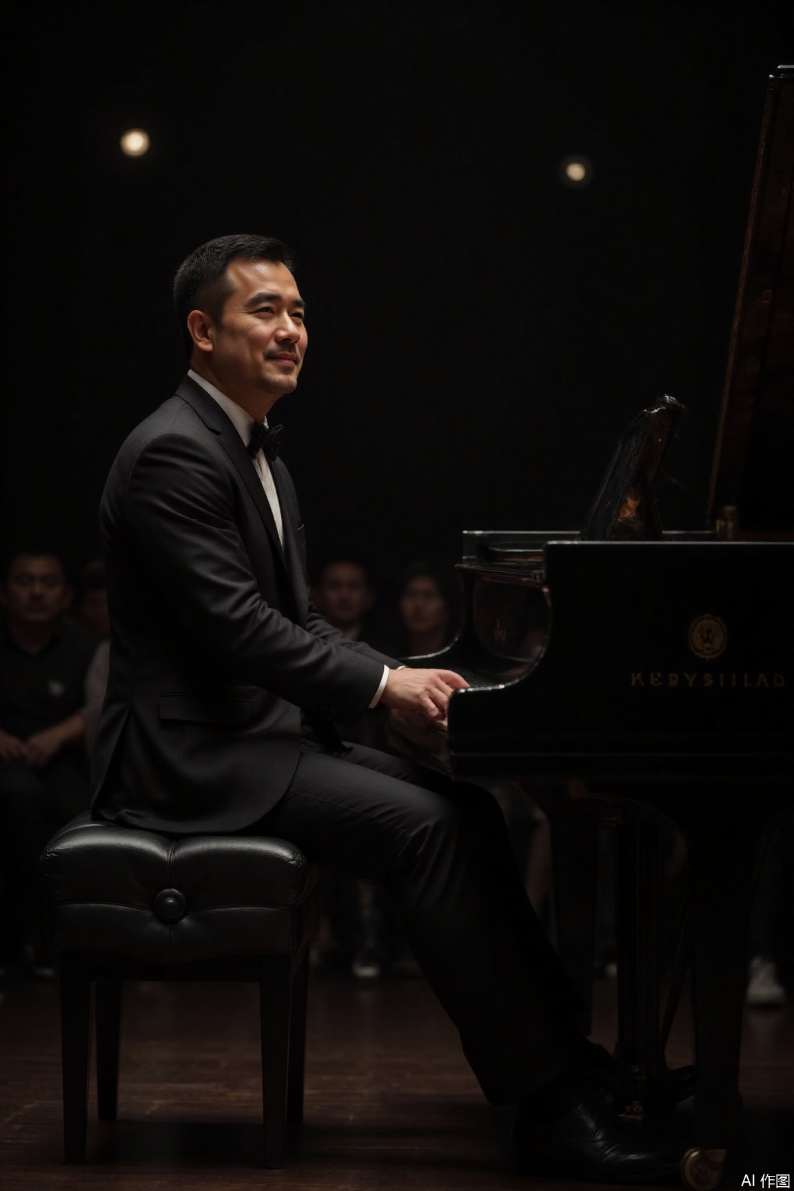KYNR,
A male pianist in a black tuxedo sat in front of the grand piano, her slender fingers leaping on the keys. His expression was intoxicated and devoted, and the spotlight of the stage outlined his elegant outline. The audience was immersed in the darkness, with only a few beams of light dotted in it, as if the whole world was still in the melody, and the picture was full of art and soul resonance.