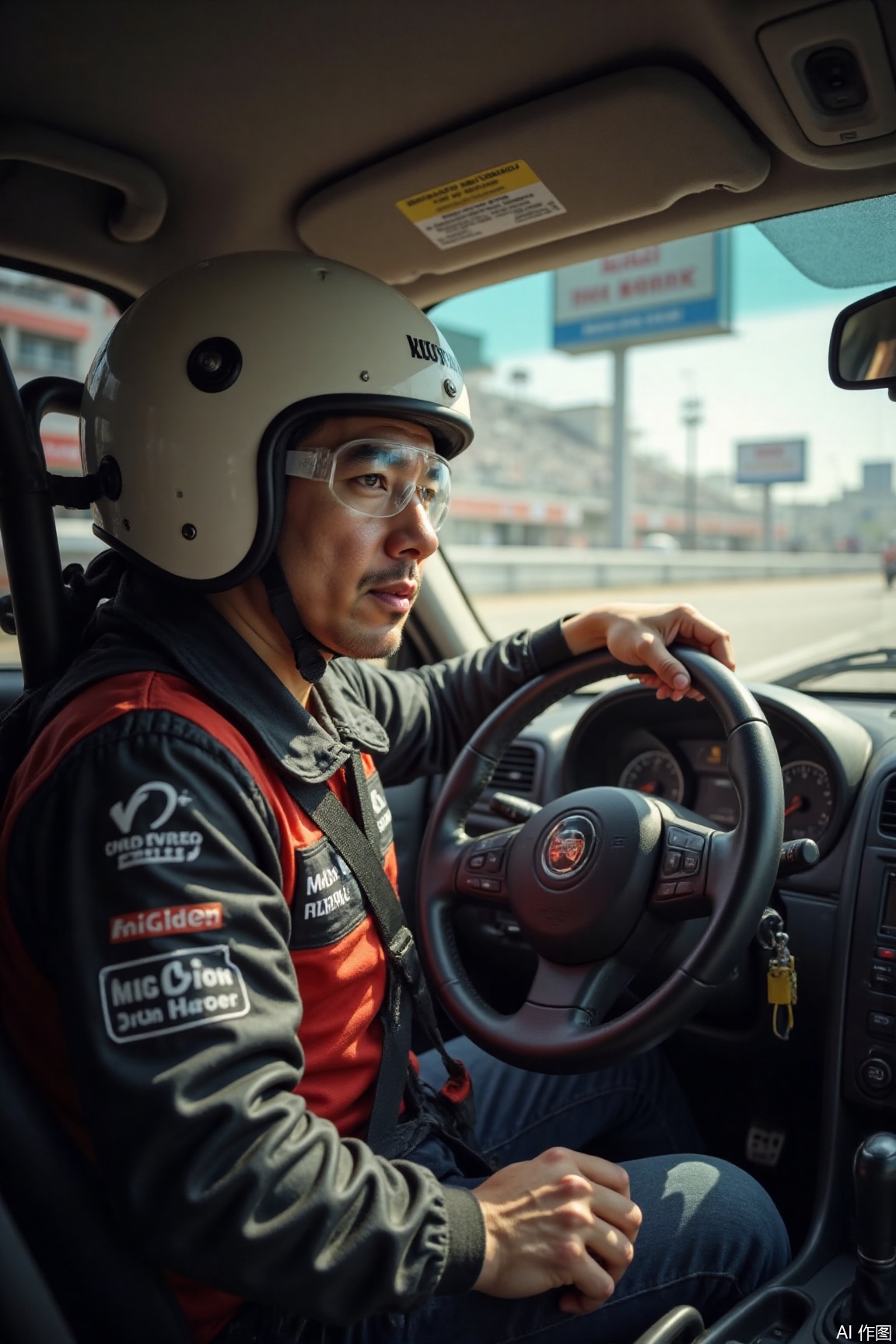 KYNR,
A male driver in a racing helmet held the steering wheel tightly and stared at the corner ahead with sharp eyes. His car whizzed past, tires rubbed against the ground and white smoke, with blurred auditoriums and billboards in the background. The sunlight shone on his goggles through the windshield, and the roar of the engine seemed to penetrate the picture, and the entire scene was filled with the tension of speed and passion.