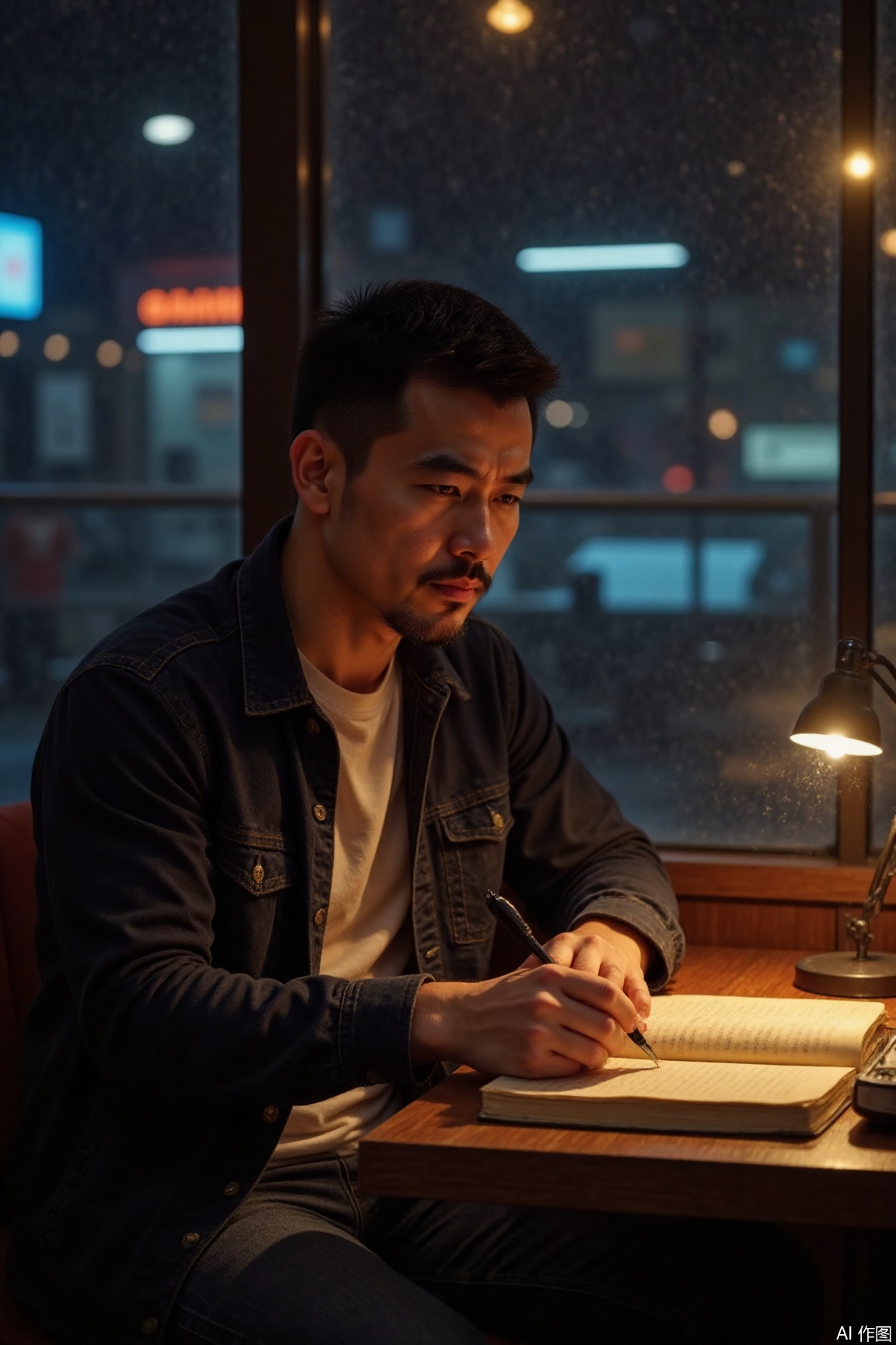 KYNR,

A young man with stubble sat in the corner of a late-night cafe, with a pen hanging from a yellowed notebook, and the ink blew into unfinished poems. Neon lights flashed outside the window, raindrops made hazy light marks on the glass, his side face was plated with amber by a warm desk lamp, and his eyes wandered at the boundary between reality and fantasy.