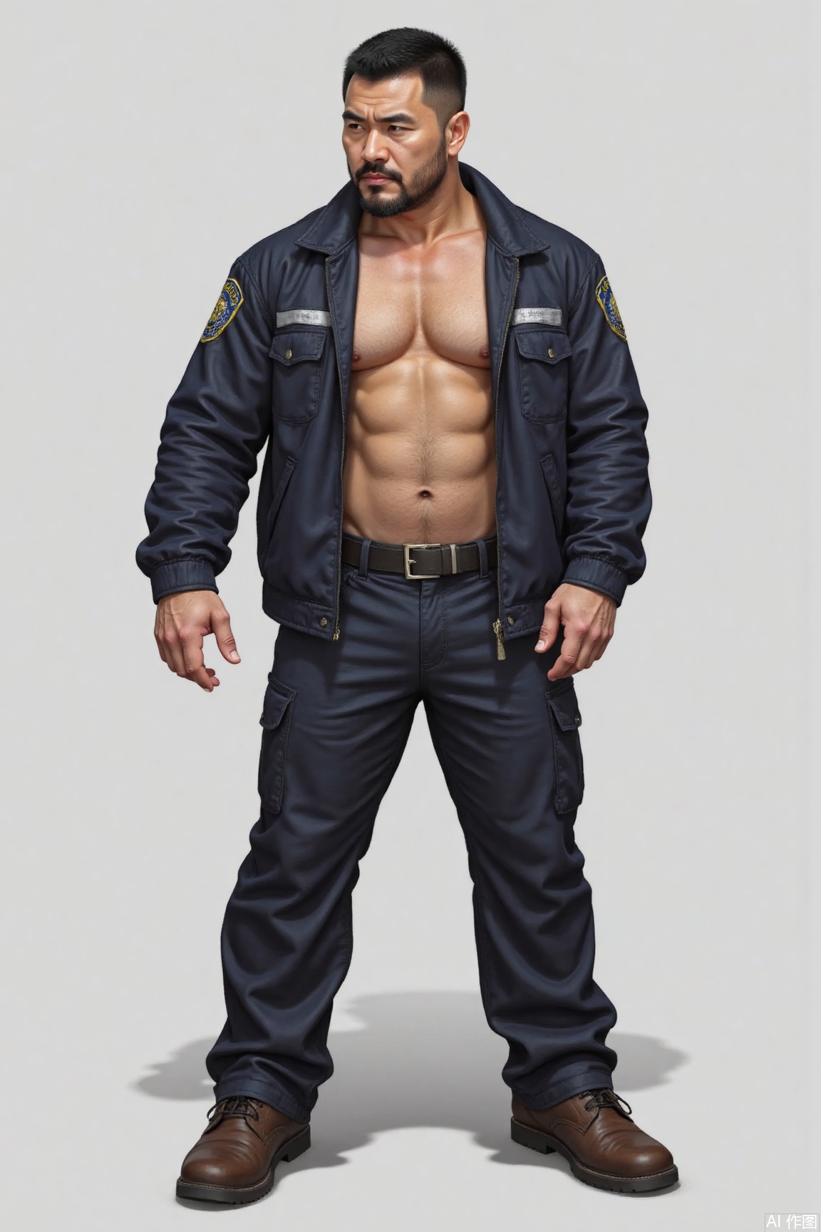 best quality, masterpiece, super high resolution, simple background, realism, illustrations, volumetric lighting,single,
1man,TGYWL,muscle, facial hair, serious,full body, crew cut,armed police, on_the_road, bulgeJ8, fazhen,OPEN clothing,KYNR