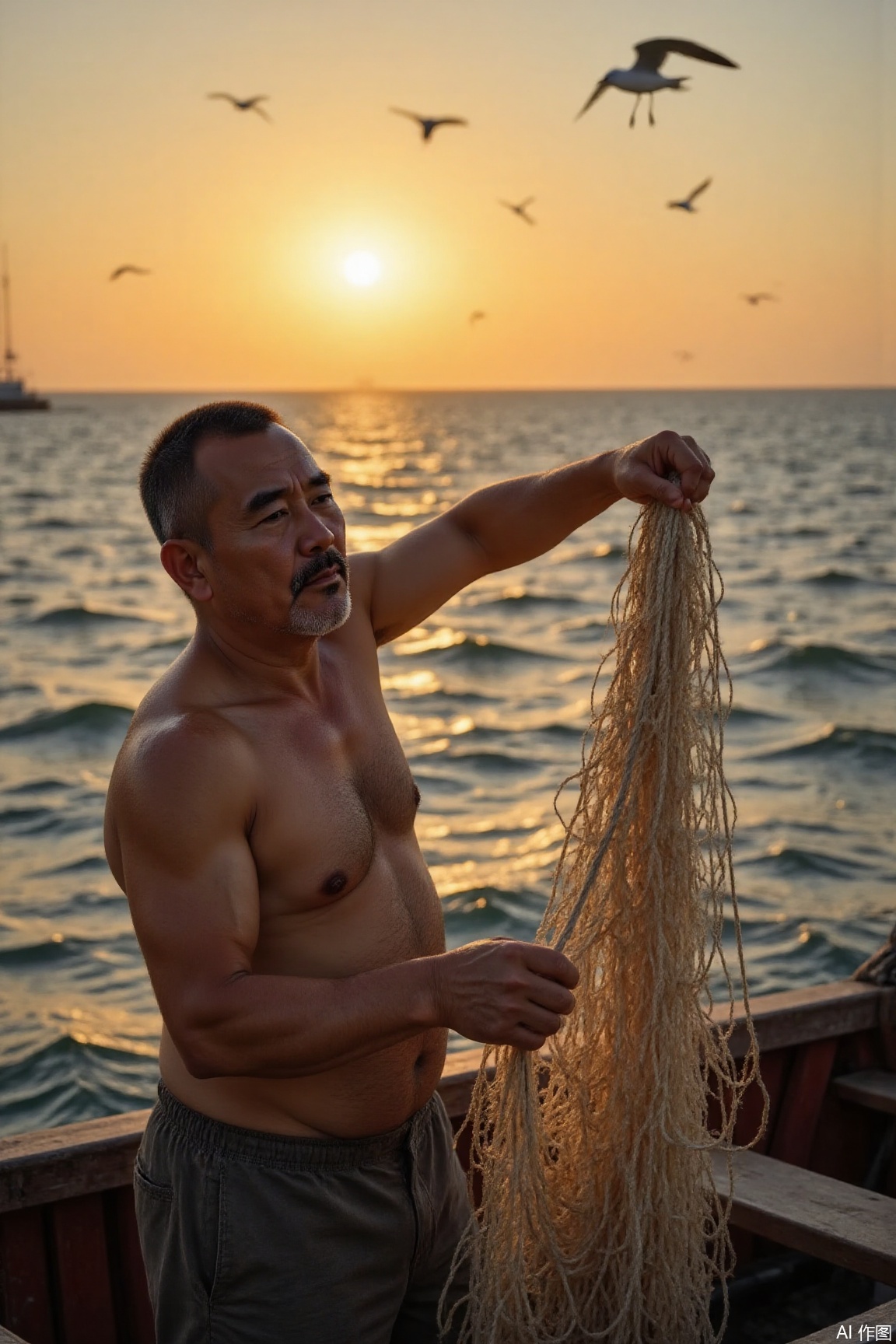 KYNR,
An old weathered fisherman stood on a wooden boat and cast a fishing net in the rising sun. His skin was dark and rough, but his eyes were calm and deep. The sea is filled with golden waves, and in the distance there are several seagulls hovering, and the oars are rippling on the water. The whole picture is full of poetry of tranquility and loneliness.