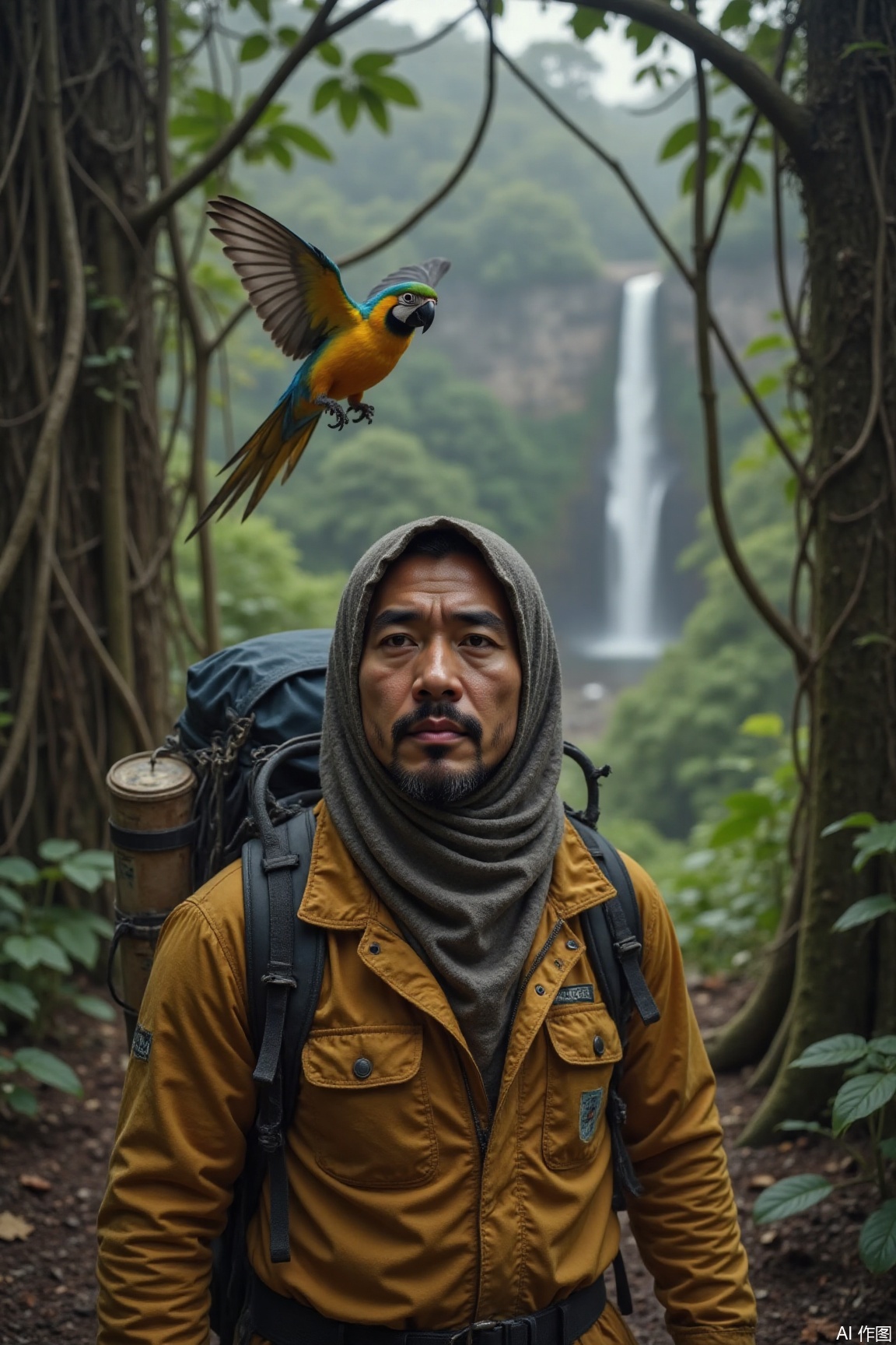 KYNR,
A tough male explorer is wearing a waterproof jacket and holding a hijab, walking through the dense rainforest. His face was covered with sweat and perseverance, surrounded by tangled ancient trees, vines and mist. The backpack was filled with compass, maps and specimen collection tools. A colorful parrot flew over his head, and the roar of a waterfall came faintly from the distance. The whole picture was full of adventure and wild charm.