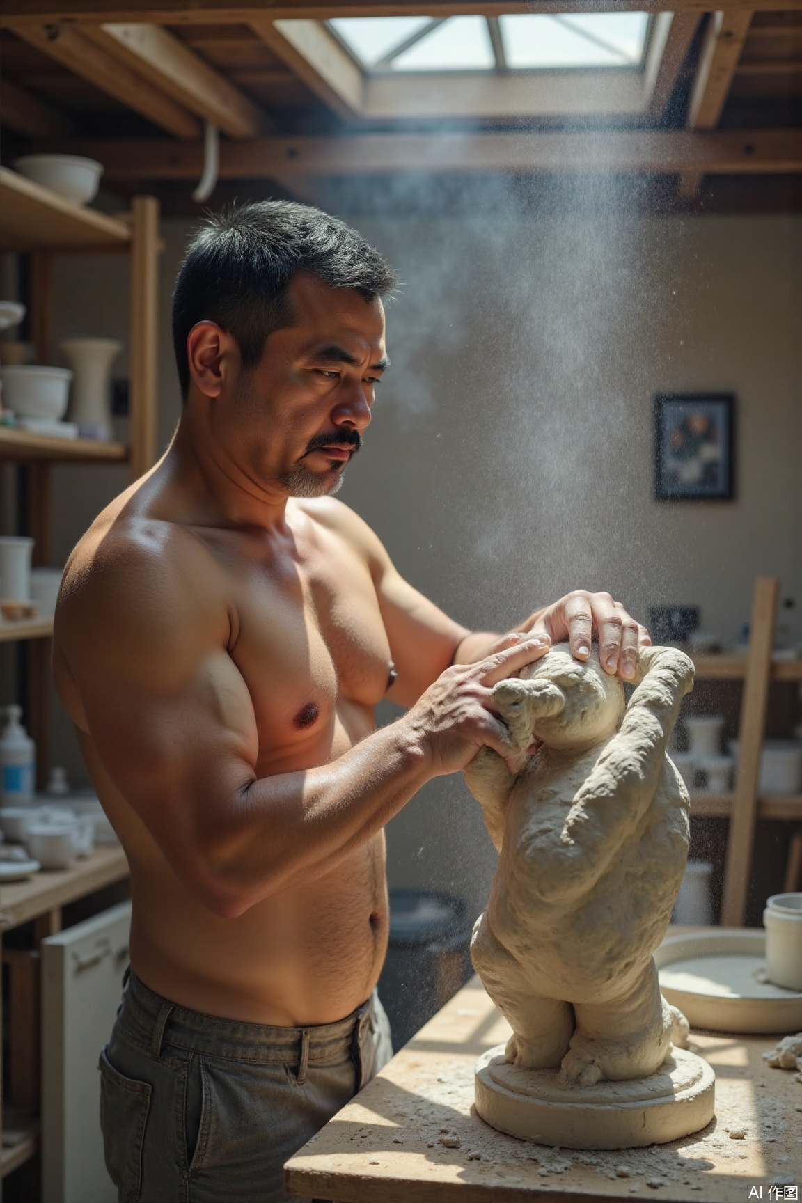 KYNR,

The topless man stood in the middle of the studio, his fingers sinking deep into moist clay, and the gypsum powder attached to his eyelashes like snow particles. The unfinished sculpture twisted into an abstract human form before him, and the sunlight cuts down from the skylight, covering him and his works in a sacred pillar of light, as if creating life.