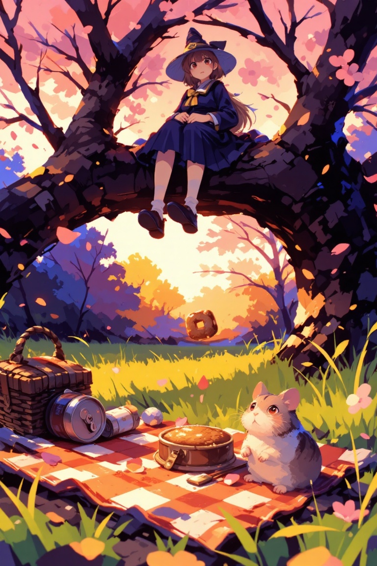 A dynamic low-angle shot looking up at a witch girl sitting on a low tree branch above a picnic setup. She is surrounded b...
