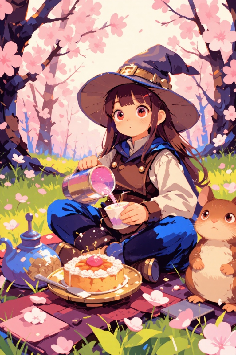 A whimsical fantasy scene featuring a young witch girl brewing a potion during a picnic. She sits cross-legged on a patter...