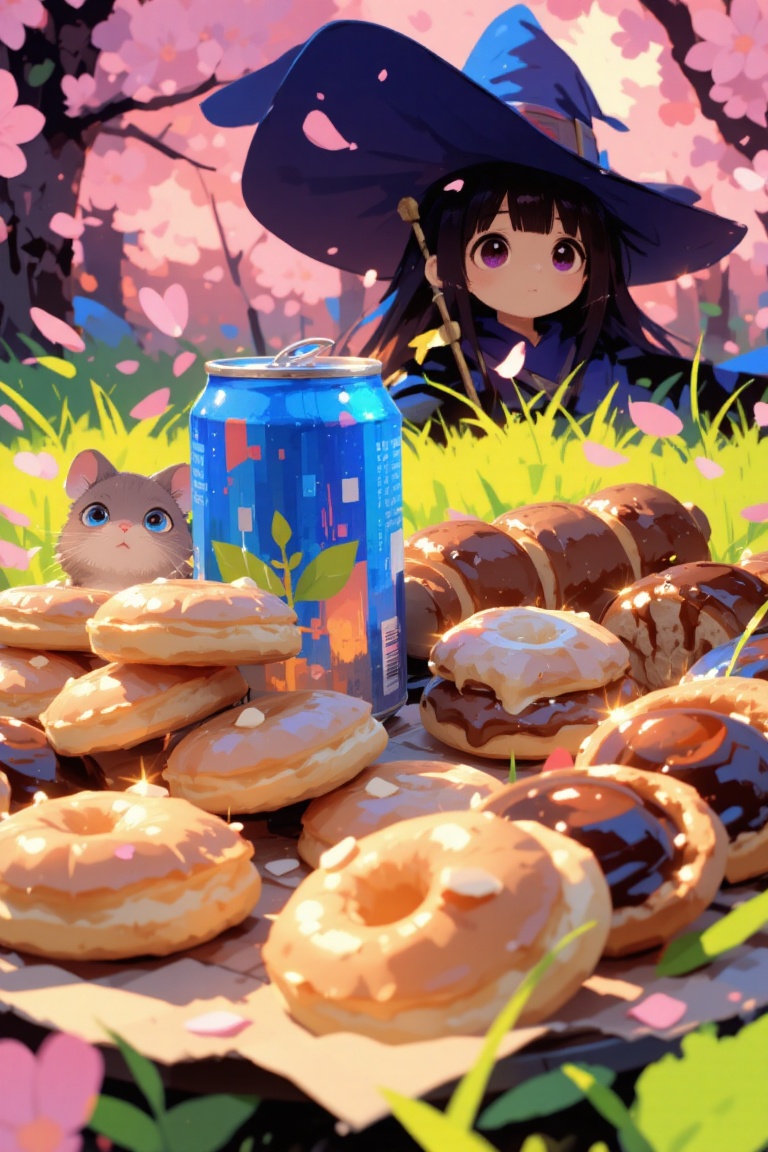Hyper-realistic anime fantasy render. A close-up of a delicious picnic spread on lush grass. In the center,  a cold alumin...