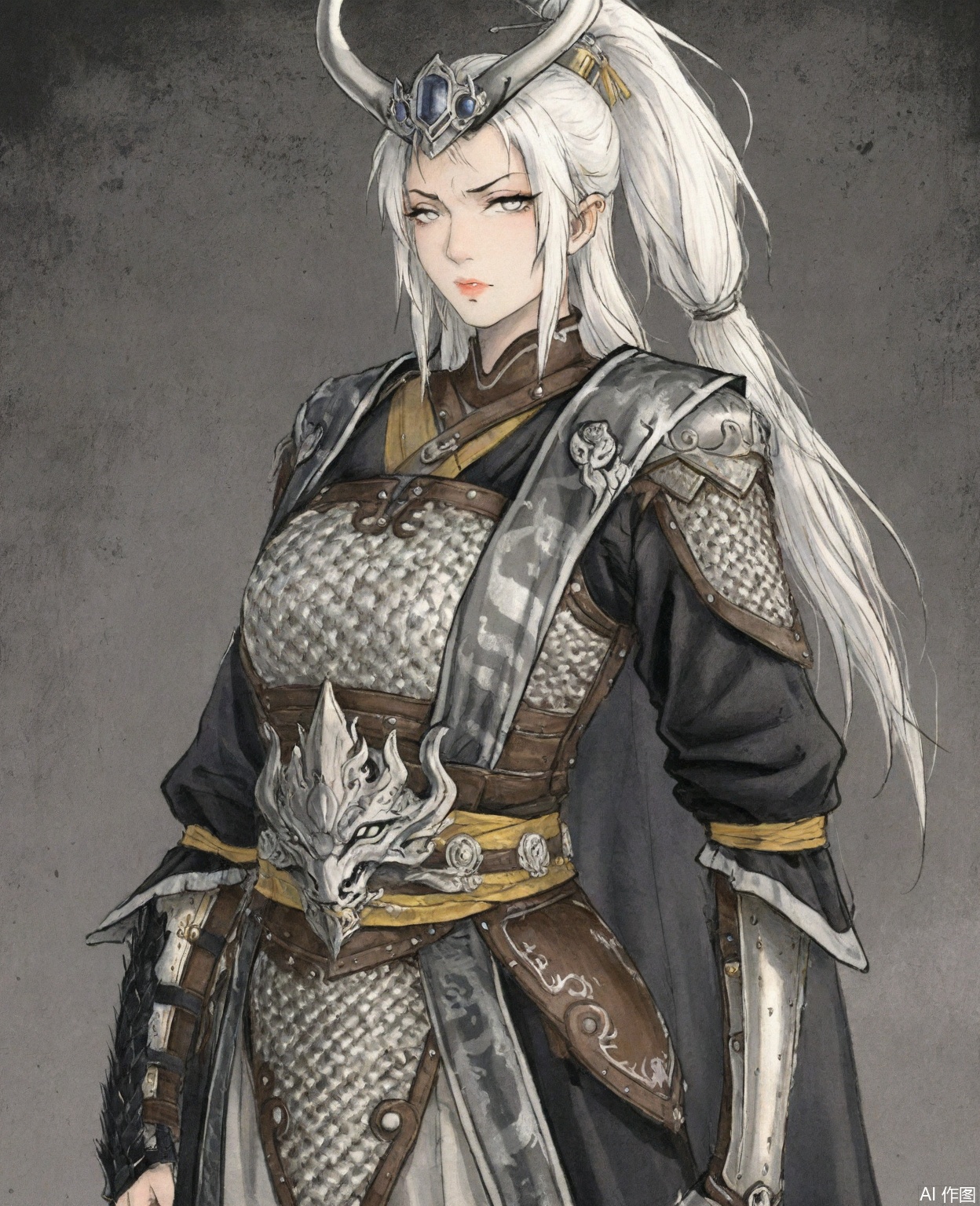 ((very awa)),solo,highly detailed,(best quality),((masterpiece)),1girl,chi,,ge,,traditional media,painting \(medium\),watercolor \(medium\),looking_at_viewer,,miaoying,armor,white hair,long hair,horns,ponytail,cape,(mature_female),white eyes,disdain,upper_body,large breasts,glaring,serious,kubrick_stare,