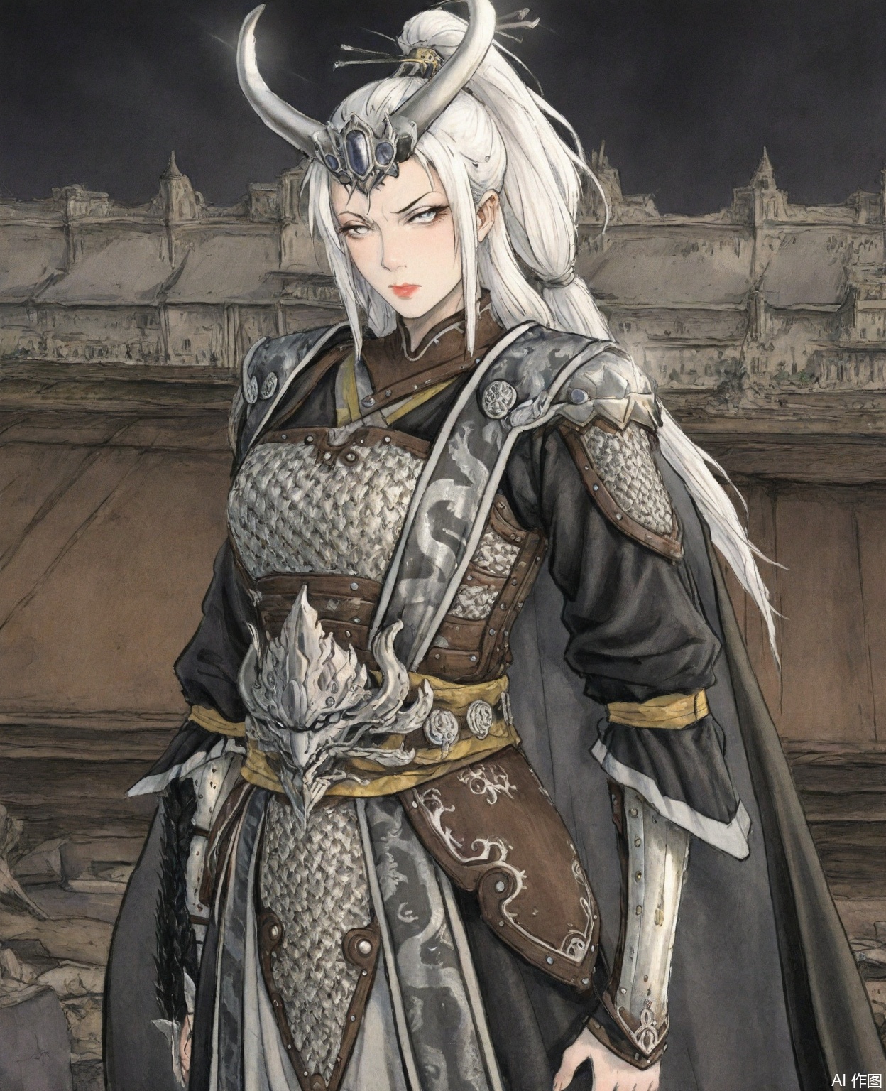((very awa)),solo,highly detailed,(best quality),((masterpiece)),1girl,chi,,ge,,traditional media,painting \(medium\),watercolor \(medium\),looking_at_viewer,,miaoying,armor,white hair,long hair,horns,ponytail,cape,(mature_female),white eyes,disdain,upper_body,large breasts,glaring,serious,kubrick_stare,