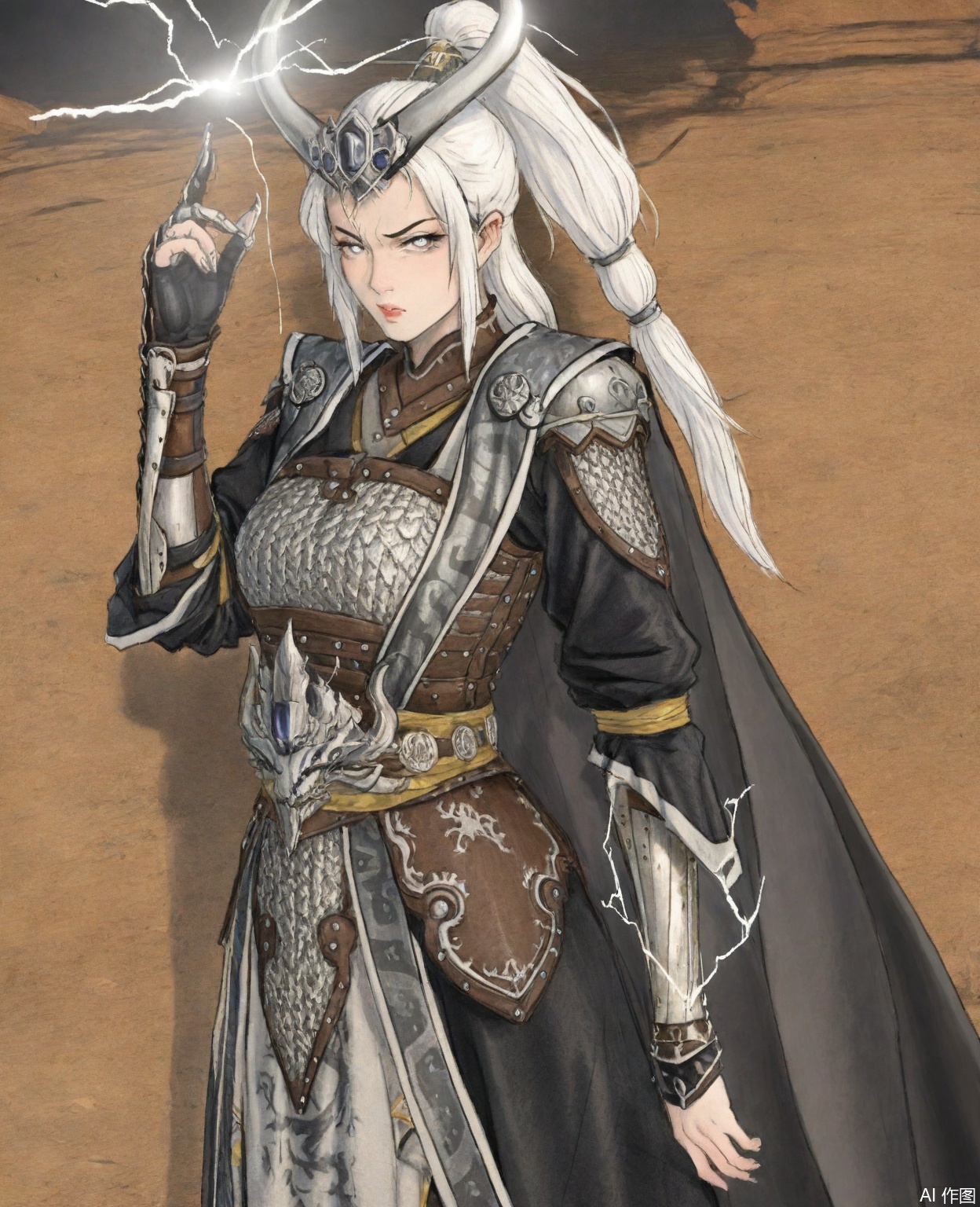((very awa)),solo,highly detailed,(best quality),((masterpiece)),1girl,chi,,ge,,traditional media,painting \(medium\),watercolor \(medium\),looking_at_viewer,,miaoying,armor,white hair,long hair,horns,ponytail,cape,(mature_female),white eyes,disdain,upper_body,large breasts,glaring,serious,kubrick_stare,disgust,electricity,lightning,