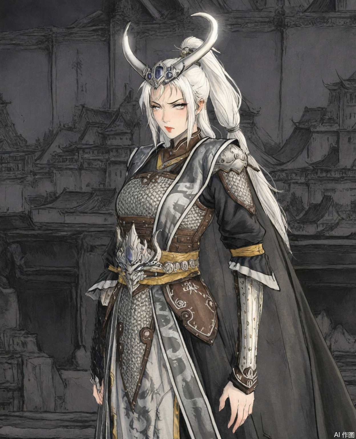 ((very awa)),solo,highly detailed,(best quality),((masterpiece)),1girl,chi,,ge,,traditional media,painting \(medium\),watercolor \(medium\),looking_at_viewer,,miaoying,armor,white hair,long hair,horns,ponytail,cape,(mature_female),white eyes,disdain,upper_body,large breasts,glaring,serious,kubrick_stare,