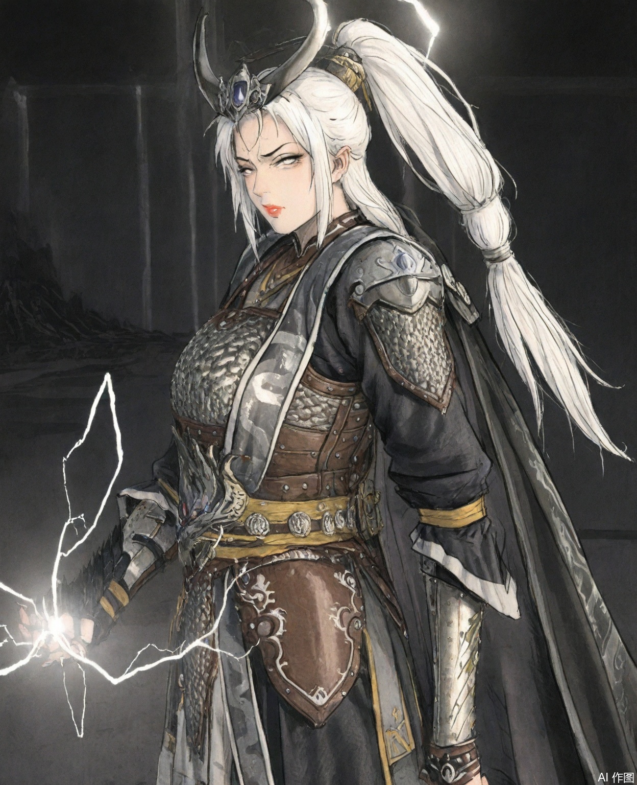 ((very awa)),solo,highly detailed,(best quality),((masterpiece)),1girl,chi,,ge,,traditional media,painting \(medium\),watercolor \(medium\),looking_at_viewer,,miaoying,armor,white hair,long hair,horns,ponytail,cape,(mature_female),white eyes,disdain,upper_body,large breasts,glaring,serious,kubrick_stare,disgust,electricity,lightning,
