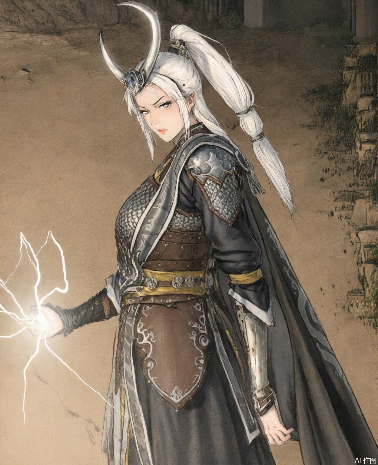 ((very awa)),solo,highly detailed,(best quality),((masterpiece)),1girl,chi,,ge,,traditional media,painting \(medium\),watercolor \(medium\),looking_at_viewer,,miaoying,armor,white hair,long hair,horns,ponytail,cape,(mature_female),white eyes,disdain,upper_body,large breasts,glaring,serious,kubrick_stare,disgust,electricity,lightning,