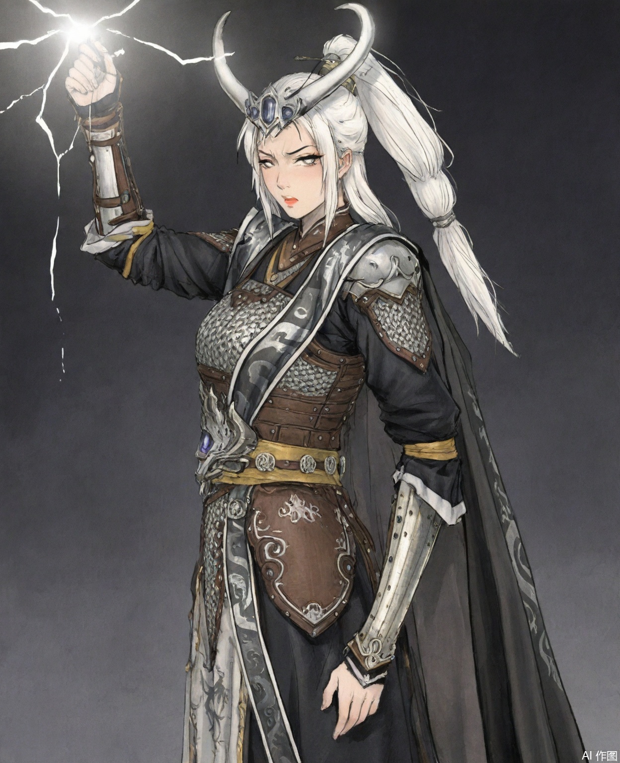 ((very awa)),solo,highly detailed,(best quality),((masterpiece)),1girl,chi,,ge,,traditional media,painting \(medium\),watercolor \(medium\),looking_at_viewer,,miaoying,armor,white hair,long hair,horns,ponytail,cape,(mature_female),white eyes,disdain,upper_body,large breasts,glaring,serious,kubrick_stare,disgust,electricity,lightning,