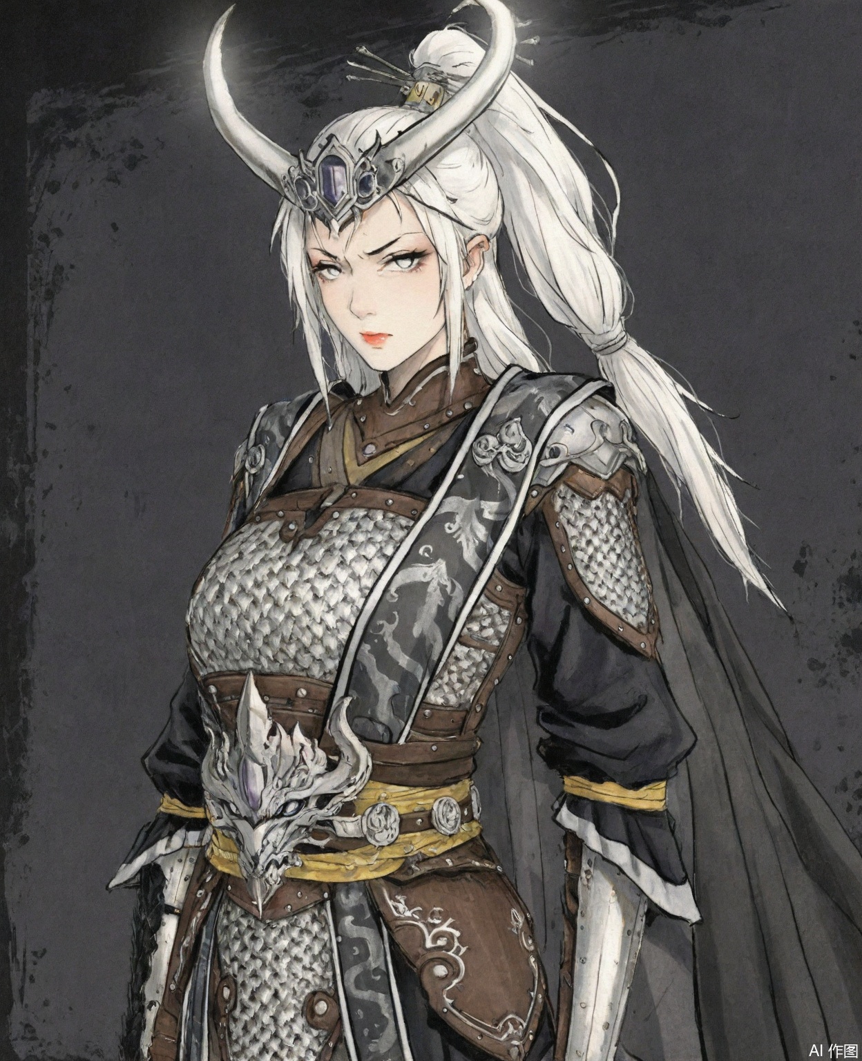 ((very awa)),solo,highly detailed,(best quality),((masterpiece)),1girl,chi,,ge,,traditional media,painting \(medium\),watercolor \(medium\),looking_at_viewer,,miaoying,armor,white hair,long hair,horns,ponytail,cape,(mature_female),white eyes,disdain,upper_body,large breasts,glaring,serious,kubrick_stare,