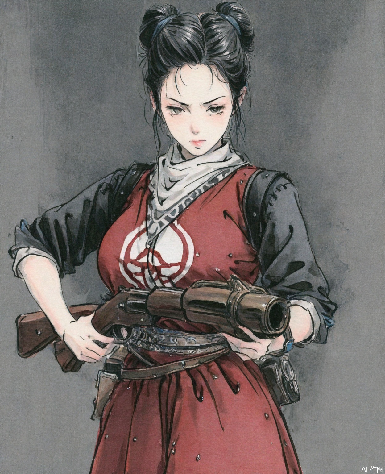 ((very awa)),solo,highly detailed,(best quality),((masterpiece)),1girl,chi,,ge,,traditional media,painting \(medium\),watercolor \(medium\),looking_at_viewer,(mature_female),large breasts,serious,kubrick_stare,nvbing,hair bun,black hair,cowboy_shot,,gun,