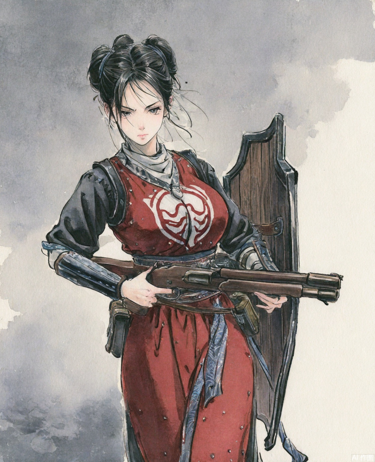 ((very awa)),solo,highly detailed,(best quality),((masterpiece)),1girl,chi,,ge,,traditional media,painting \(medium\),watercolor \(medium\),looking_at_viewer,(mature_female),large breasts,serious,kubrick_stare,nvbing,hair bun,black hair,cowboy_shot,,gun,shield,