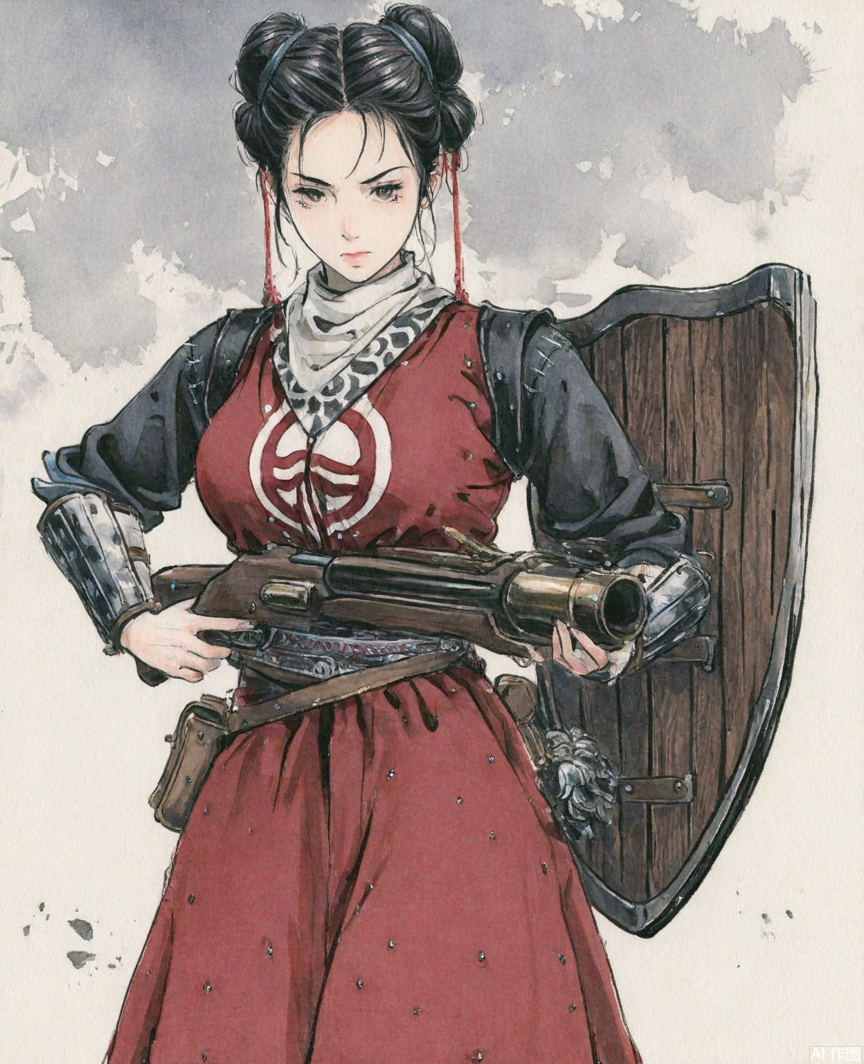 ((very awa)),solo,highly detailed,(best quality),((masterpiece)),1girl,chi,,ge,,traditional media,painting \(medium\),watercolor \(medium\),looking_at_viewer,(mature_female),large breasts,serious,kubrick_stare,nvbing,hair bun,black hair,cowboy_shot,,gun,shield,