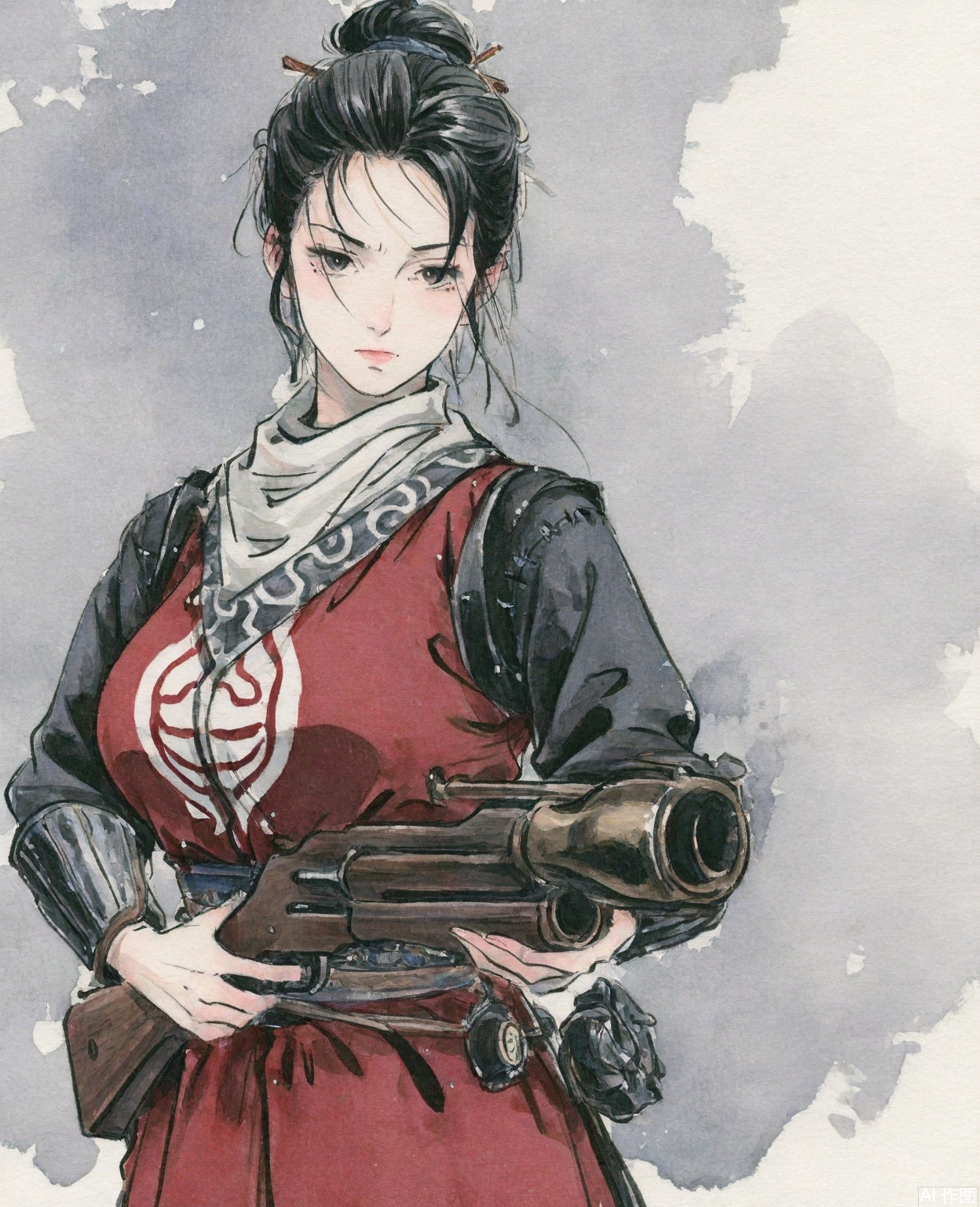 ((very awa)),solo,highly detailed,(best quality),((masterpiece)),1girl,chi,,ge,,traditional media,painting \(medium\),watercolor \(medium\),looking_at_viewer,(mature_female),large breasts,serious,kubrick_stare,nvbing,hair bun,black hair,cowboy_shot,,gun,