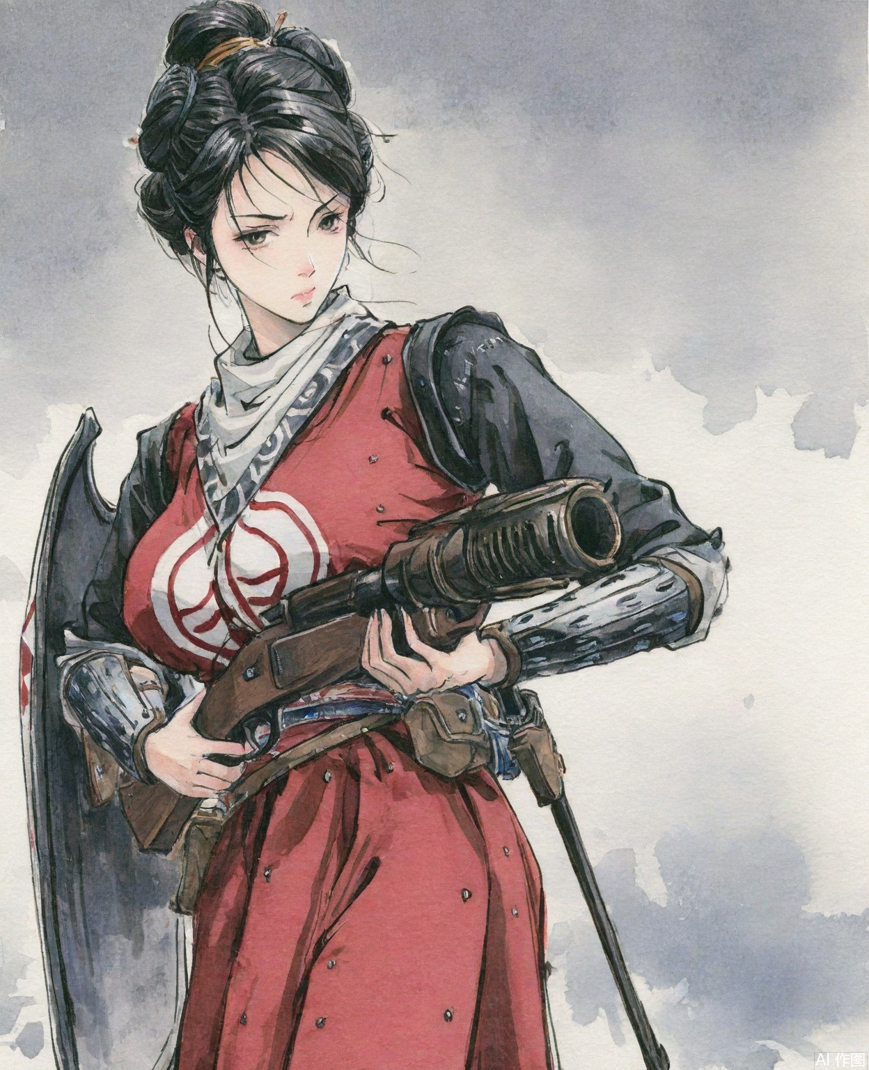 ((very awa)),solo,highly detailed,(best quality),((masterpiece)),1girl,chi,,ge,,traditional media,painting \(medium\),watercolor \(medium\),looking_at_viewer,(mature_female),large breasts,serious,kubrick_stare,nvbing,hair bun,black hair,cowboy_shot,,gun,shield,