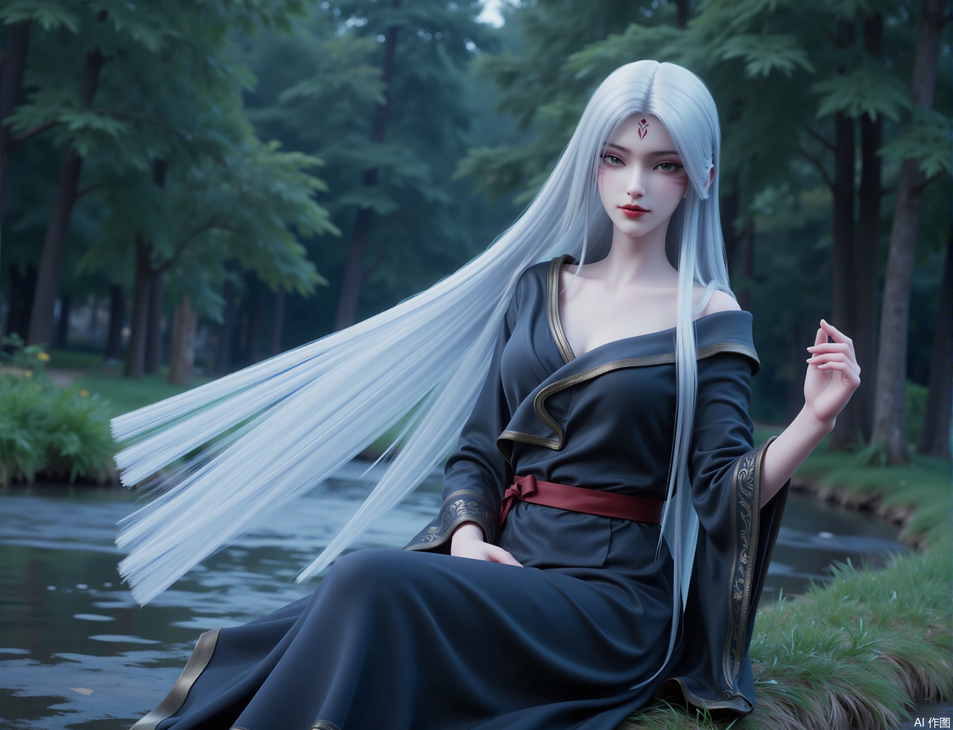 zichu-xiaobai,1girl, solo, long hair, dress, white hair, black dress, facial mark, forehead mark
Outdoor, forest, stream, sitting, raising hands, looking at the audience, bust, smiling