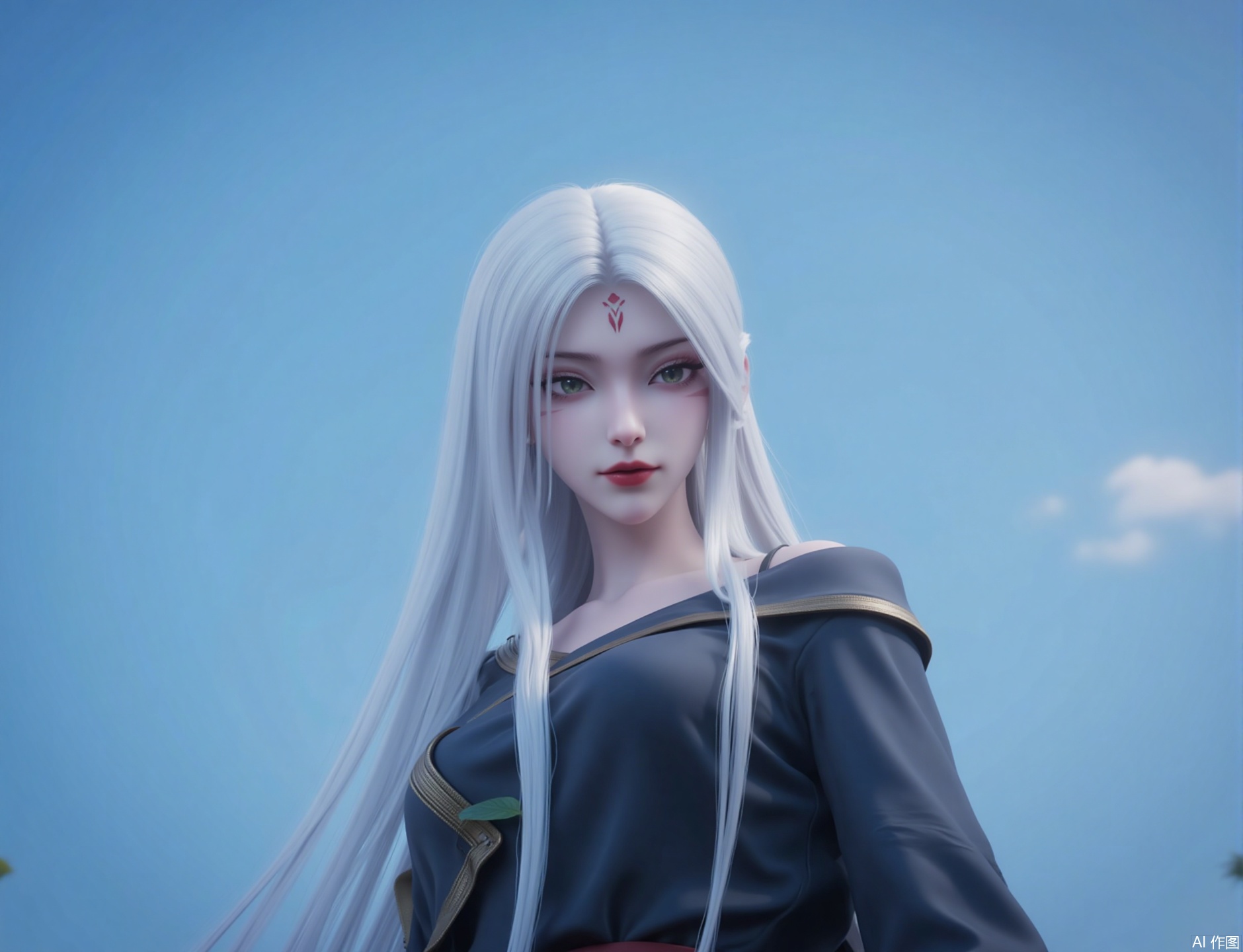 zichu-xiaobai,1girl, solo, long hair, dress, white hair, outdoors, sky, blurry, black dress, blue sky, blurry background, leaf, facial mark, forehead mark