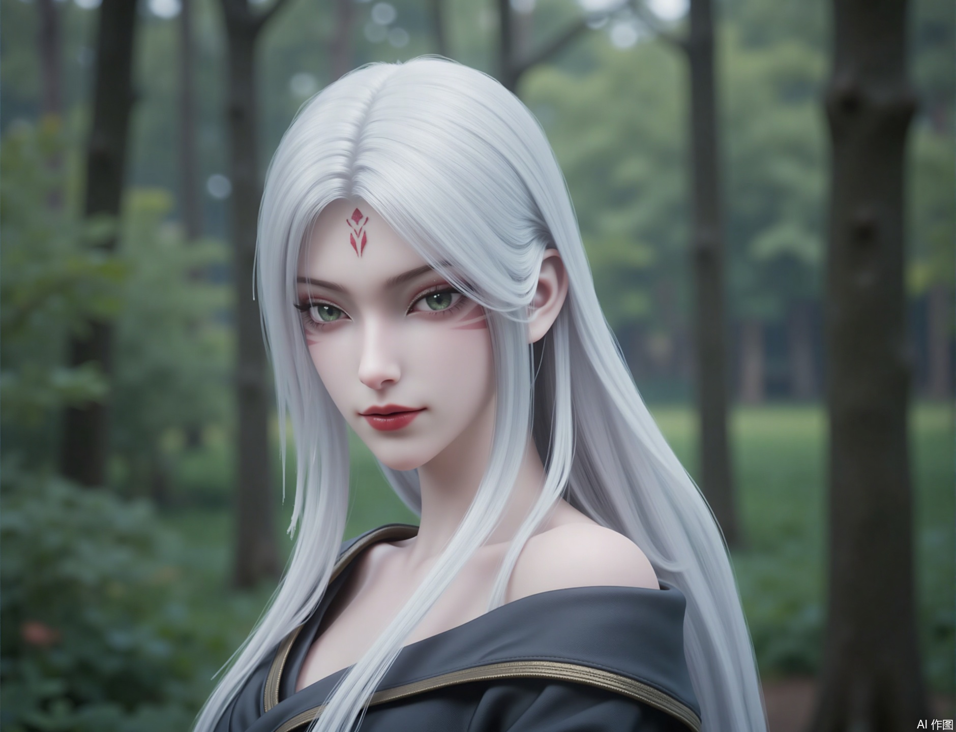 1girl, solo, long hair, looking at viewer, long sleeves, bare shoulders, very long hair, closed mouth, green eyes, collarbone, upper body, white hair, outdoors, off shoulder, blurry, lips, grey eyes, book, makeup, blurry background, facial mark, nature, forest, forehead mark, red lips,zichu-xiaobai