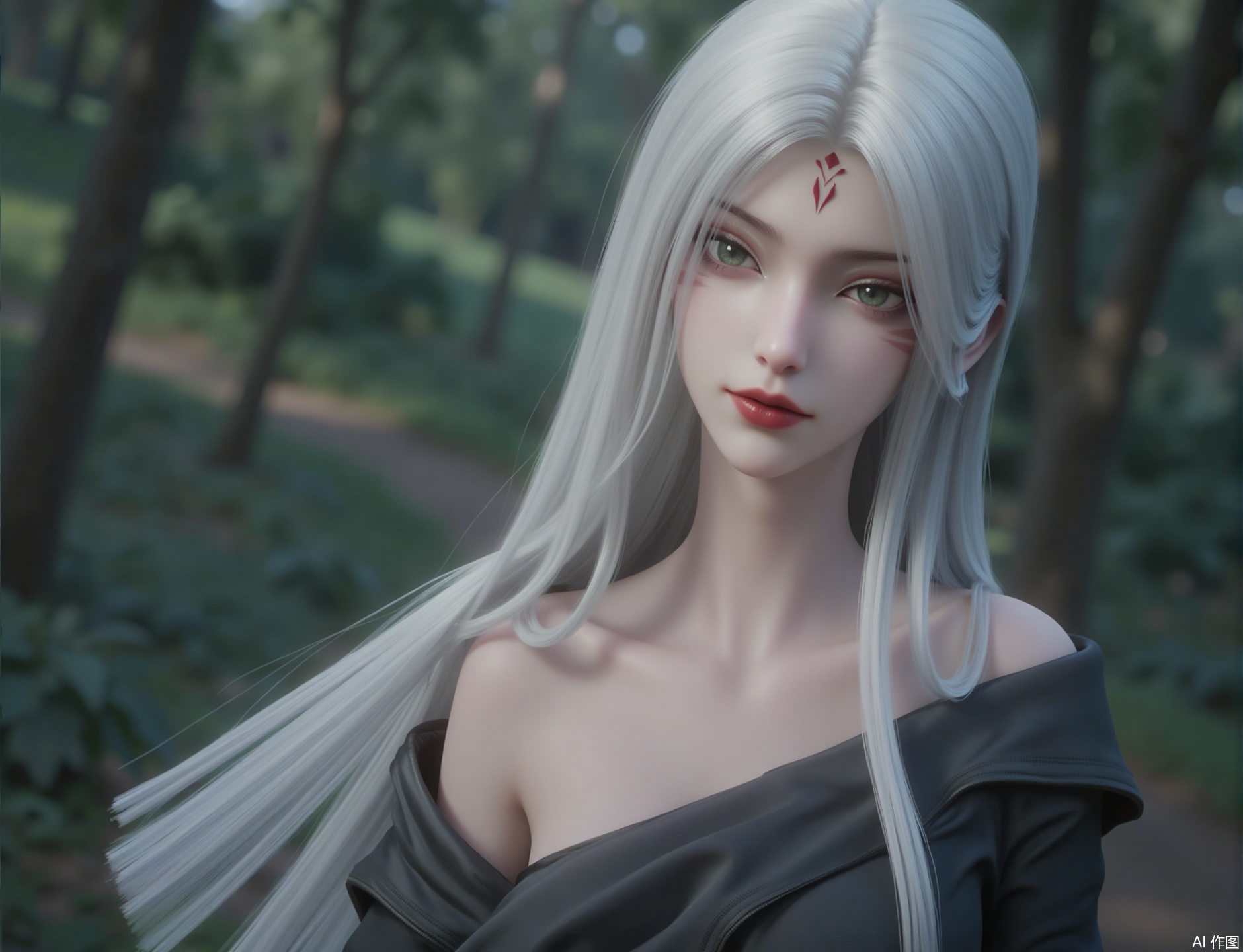 1girl, solo, long hair, looking at viewer, long sleeves, bare shoulders, very long hair, closed mouth, green eyes, collarbone, upper body, white hair, outdoors, off shoulder, blurry, lips, grey eyes, book, makeup, blurry background, facial mark, nature, forest, forehead mark, red lips,zichu-xiaobai