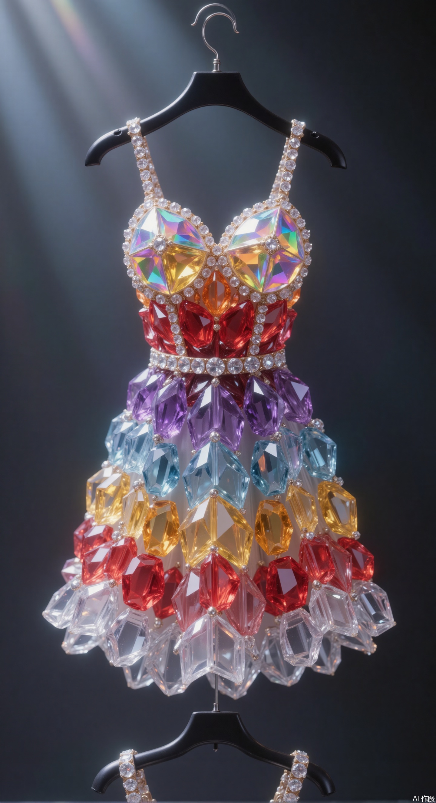 From a macro perspective, a rainbow seven-color gradient crystal dress is hung on a black minimalist hanger. Gems are closely arranged to form a gorgeous gradient, embellished with metal buckles at the collar and hem. The slim fit highlights the body curves, and the fluffy skirt is covered with crystal gems. Lit from the upper side, it creates delicate highlights and shadows, and the gems refract colorful halos. The shadow of the hanger contrasts with the luster of the dress, high ,