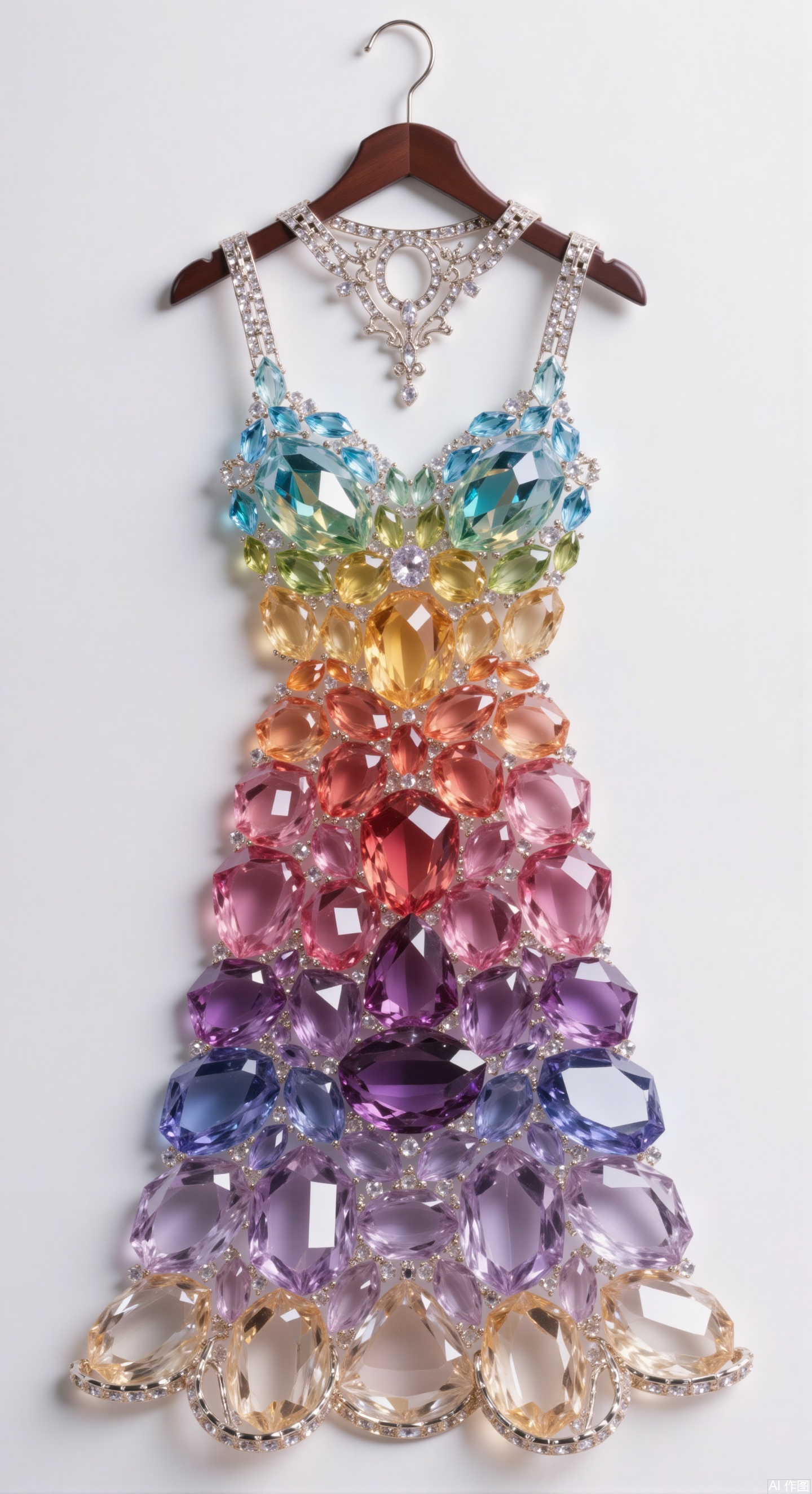 The silver titanium alloy hanger is like the base of a work of art, firmly supporting that breathtaking seven-color gradient crystal gemstone dress. The matte texture and smooth arc at the top of the hanger not only highlight the high-end feel of the clothes but also ingeniously prevent the beautiful skirt from being scratched.
 ​
At the collar, the deep and mysterious midnight amethyst is closely inlaid like stars, twinkling with a faint cold light under the light, as if concealing the mysterious mysteries of the universe. Following the elegant V-neck downward, the color of the crystal gradually transitions, with a hint of noble violet quietly blending into the purple, just like the rosy glow on the horizon at the beginning of night. Then, the peach-pink crystals gently make their appearance, like peach blossoms blooming in the early morning, with a touch of shyness and sweetness. They are arranged in various sizes and in an orderly and staggered manner, outlining the faint Outlines of the flowers on the silk background.
 ​
When reaching the waist, the mint green crystal is like a refreshing breeze, bringing vigorous vitality. These crystals are set using a three-dimensional inlay technique. Each one is carefully cut to present different geometric shapes, and when combined together, they resemble a dense crystal forest. Among the crystals are tiny silver threads, like twinkling streams in the forest, adding a sense of vitality to the overall look.
 ​
At the hem of the skirt, lemon yellow and light golden crystals interweave with each other, like a rising sun, radiating warm and dazzling light. Large areas of golden crystals form wavy decorations along the edge of the skirt. With slight swaying, they refract fine golden light, as if sunlight were shining on the rippling sea surface. At the very bottom, the deep-sea blue crystal, like the profound ocean, forms a sharp contrast with the warm tones above, yet blends harmoniously together, as if it were a natural transition between heaven and earth.
 ​
