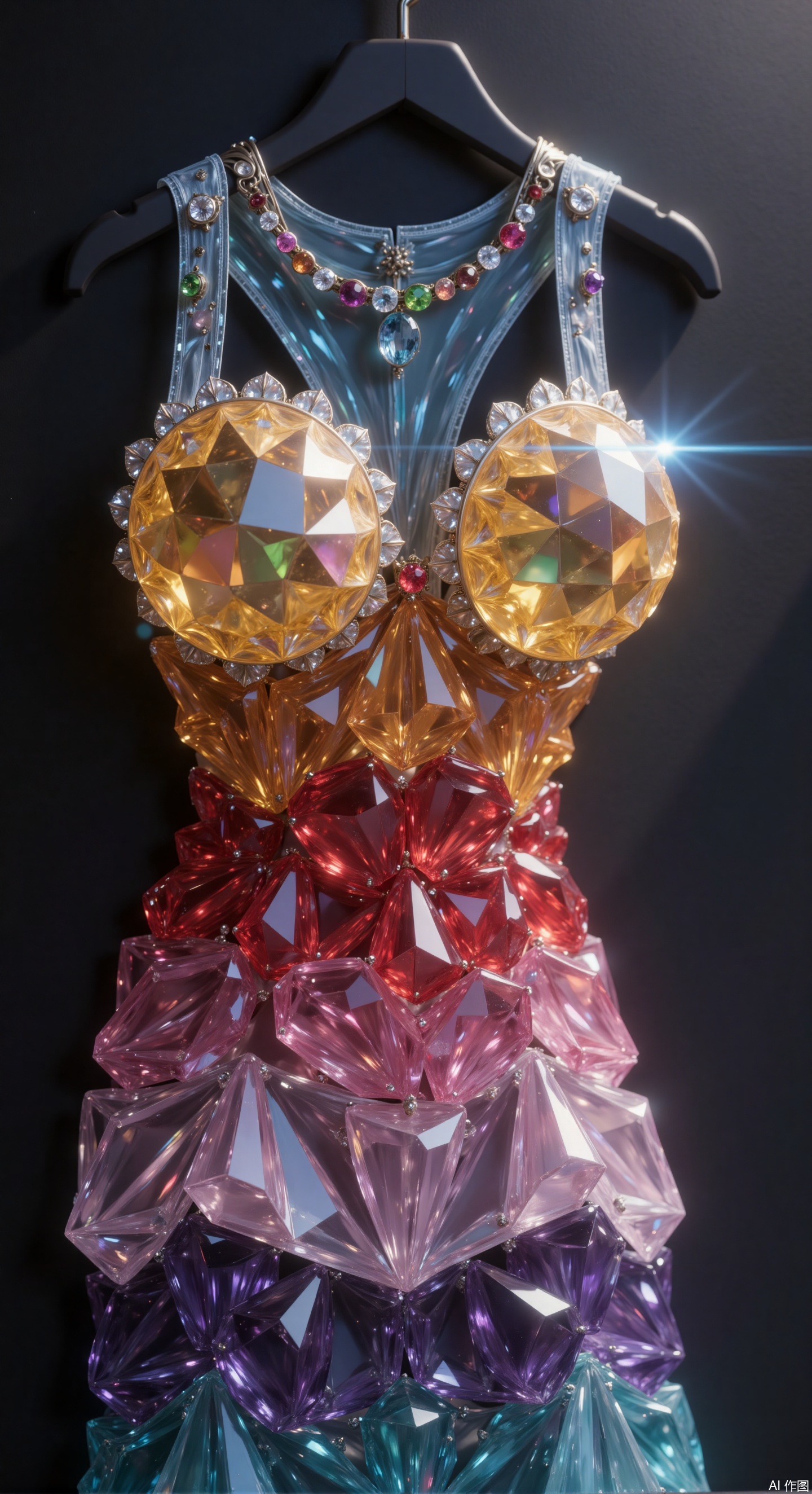 From a macro perspective, a rainbow seven-color gradient crystal dress is hung on a black minimalist hanger. Gems are closely arranged to form a gorgeous gradient, embellished with metal buckles at the collar and hem. The slim fit highlights the body curves, and the fluffy skirt is covered with crystal gems. Lit from the upper side, it creates delicate highlights and shadows, and the gems refract colorful halos. The shadow of the hanger contrasts with the luster of the dress, high