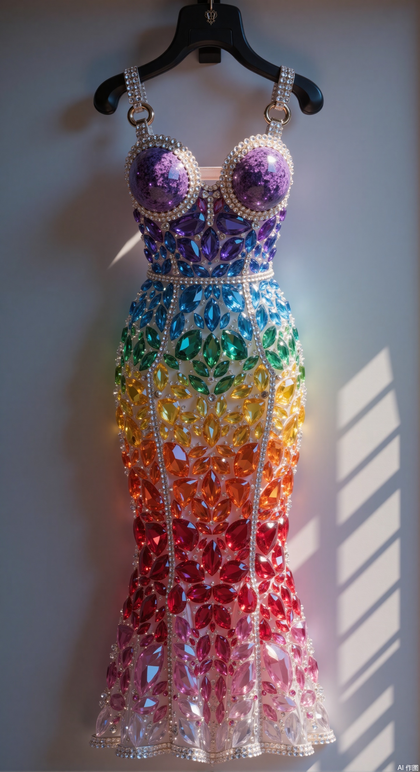 From a macro perspective, a rainbow seven-color gradient crystal dress is hung on a black minimalist hanger. Gems are closely arranged to form a gorgeous gradient, embellished with metal buckles at the collar and hem. The slim fit highlights the body curves, and the fluffy skirt is covered with crystal gems. Lit from the upper side, it creates delicate highlights and shadows, and the gems refract colorful halos. The shadow of the hanger contrasts with the luster of the dress, high ,