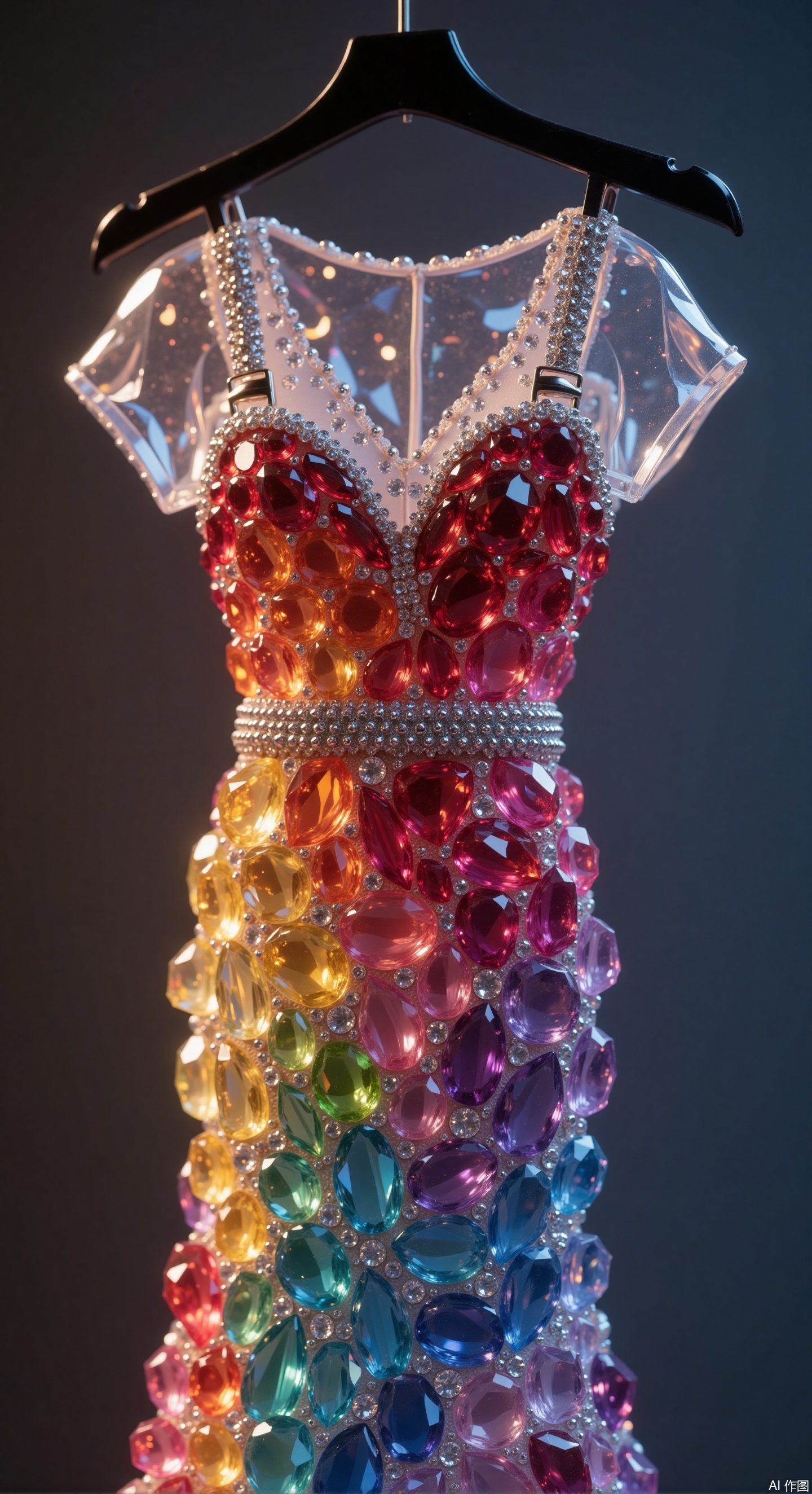 From a macro perspective, a rainbow seven-color gradient crystal dress is hung on a black minimalist hanger. Gems are closely arranged to form a gorgeous gradient, embellished with metal buckles at the collar and hem. The slim fit highlights the body curves, and the fluffy skirt is covered with crystal gems. Lit from the upper side, it creates delicate highlights and shadows, and the gems refract colorful halos. The shadow of the hanger contrasts with the luster of the dress, high ,