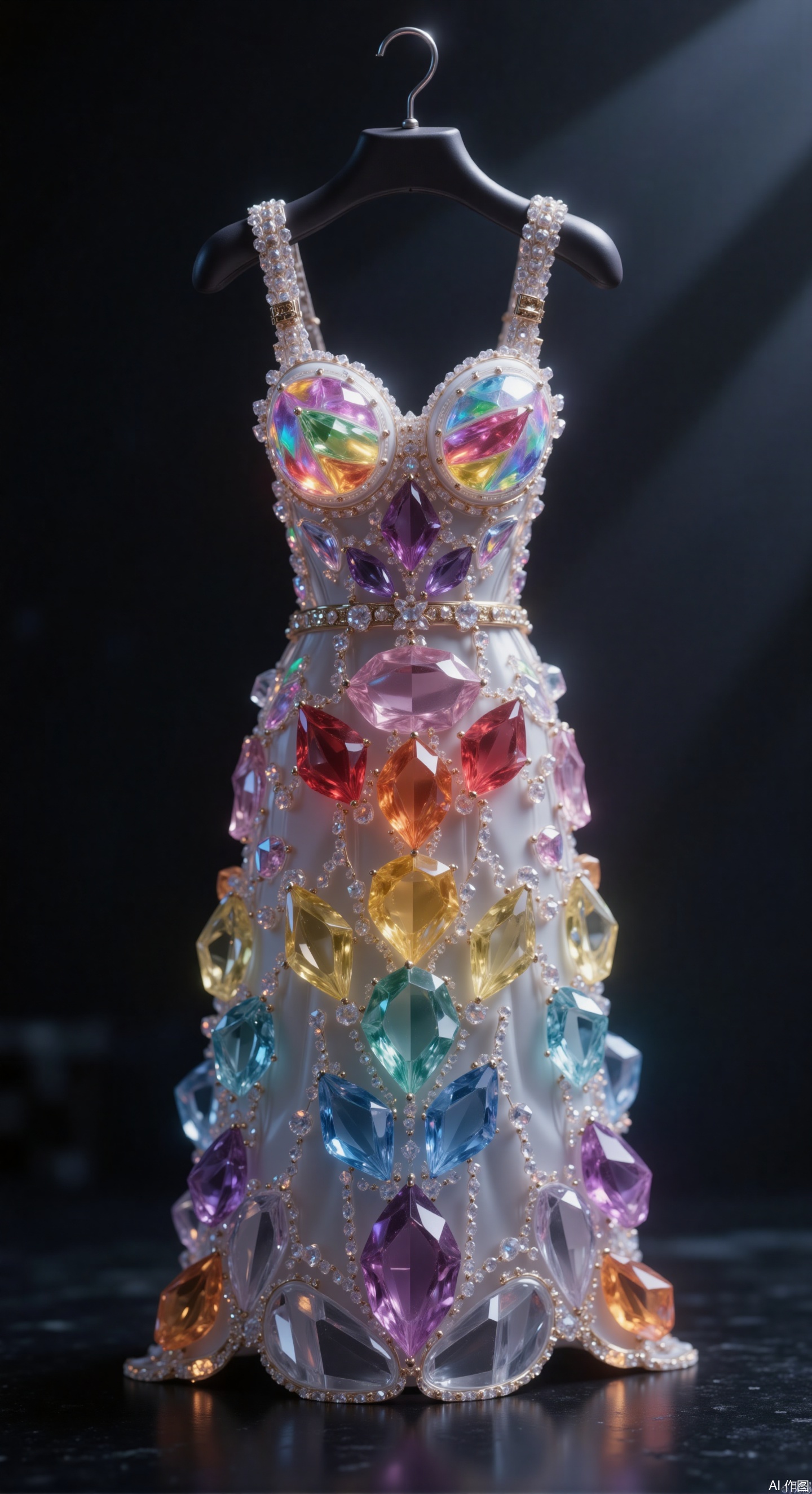 From a macro perspective, a rainbow seven-color gradient crystal dress is hung on a black minimalist hanger. Gems are closely arranged to form a gorgeous gradient, embellished with metal buckles at the collar and hem. The slim fit highlights the body curves, and the fluffy skirt is covered with crystal gems. Lit from the upper side, it creates delicate highlights and shadows, and the gems refract colorful halos. The shadow of the hanger contrasts with the luster of the dress, high ,